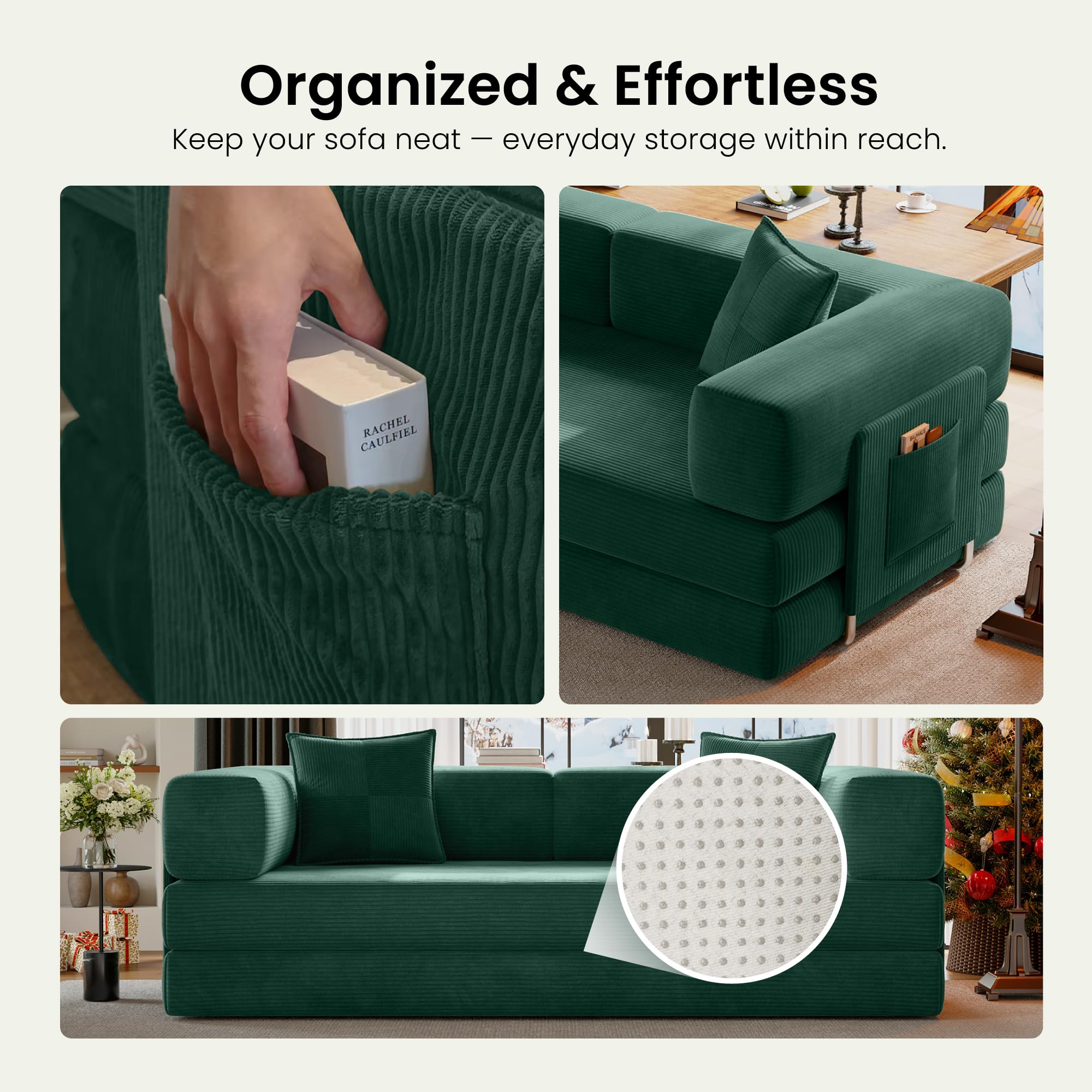 78.8" Convertible Futon Sofa Bed,Corduroy Futon Couch with Storage Pocket,Folding Pull Out Sofa,No Assembly Boneless Couch for Living Room | Pink
