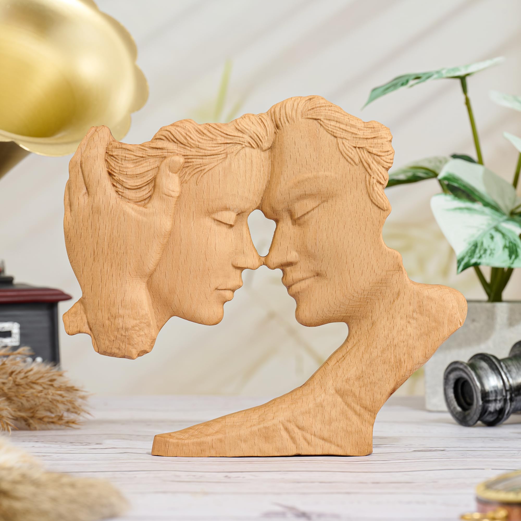BGCOPPER Wooden Kissing Couple Ornament, Abstract Couple Portrait Sculpture Romantic Love Statue Decor Gift for Women Anniversary Valentine Wedding - 10 Inch