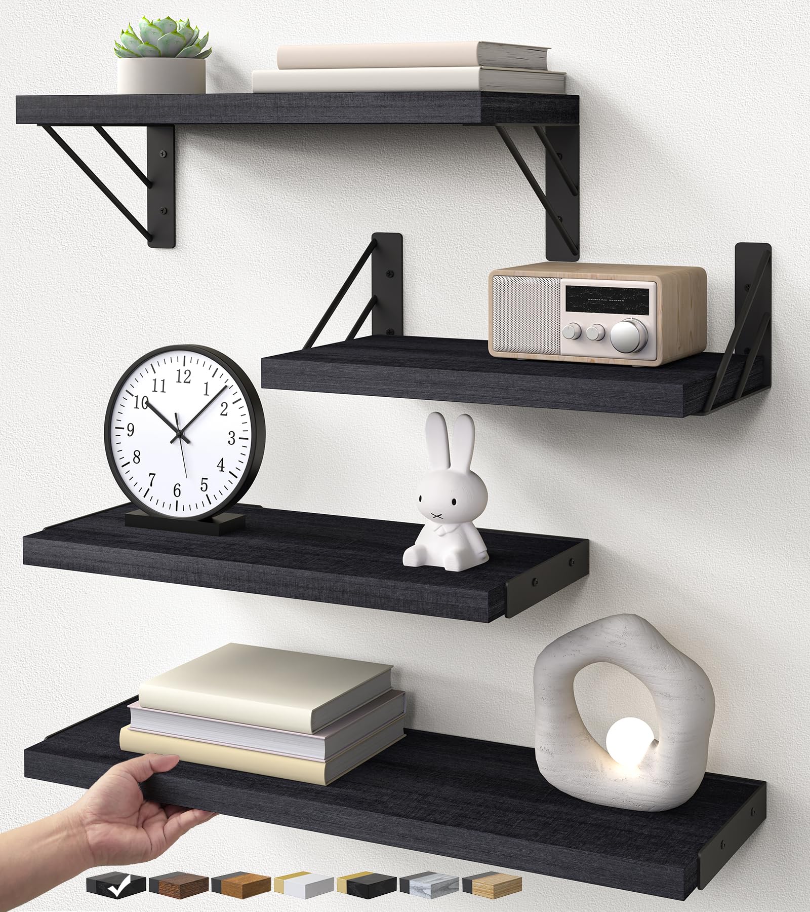 BAYKA Floating Shelves for Bedroom Decor, Wall Shelves for Storage, Wall Mounted Rustic Wood Floating Shelf for Books,Corner Shelf for Bathroom,Kitchen,Living Room(Black and Gold，Set of 4)