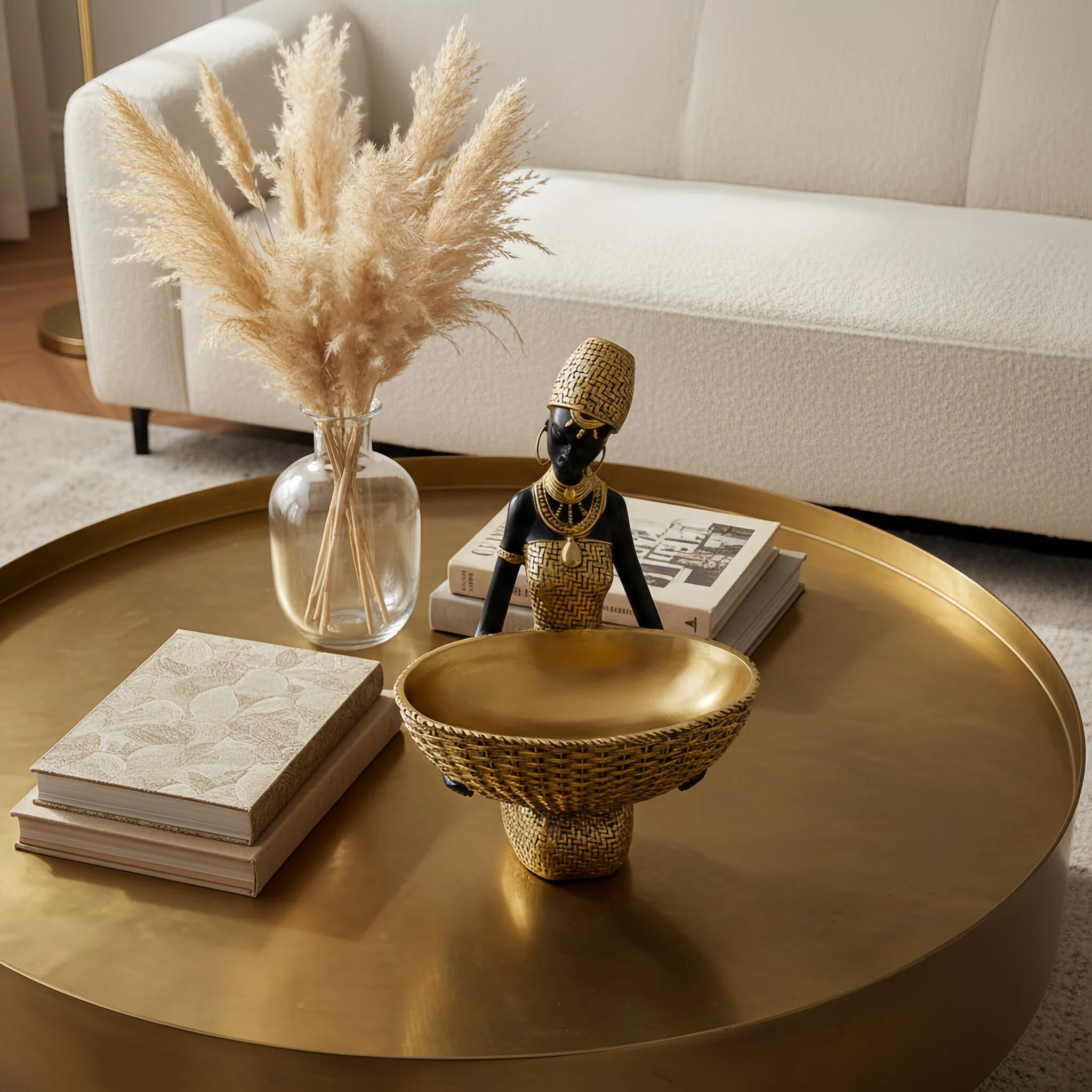 Lescafita African Woman Sculpture with Gold Leaf Bowl, Handmade Resin Figurine, Exotic Tribal Art Statue for Living Room, Dining Table, or Entryway Decoration