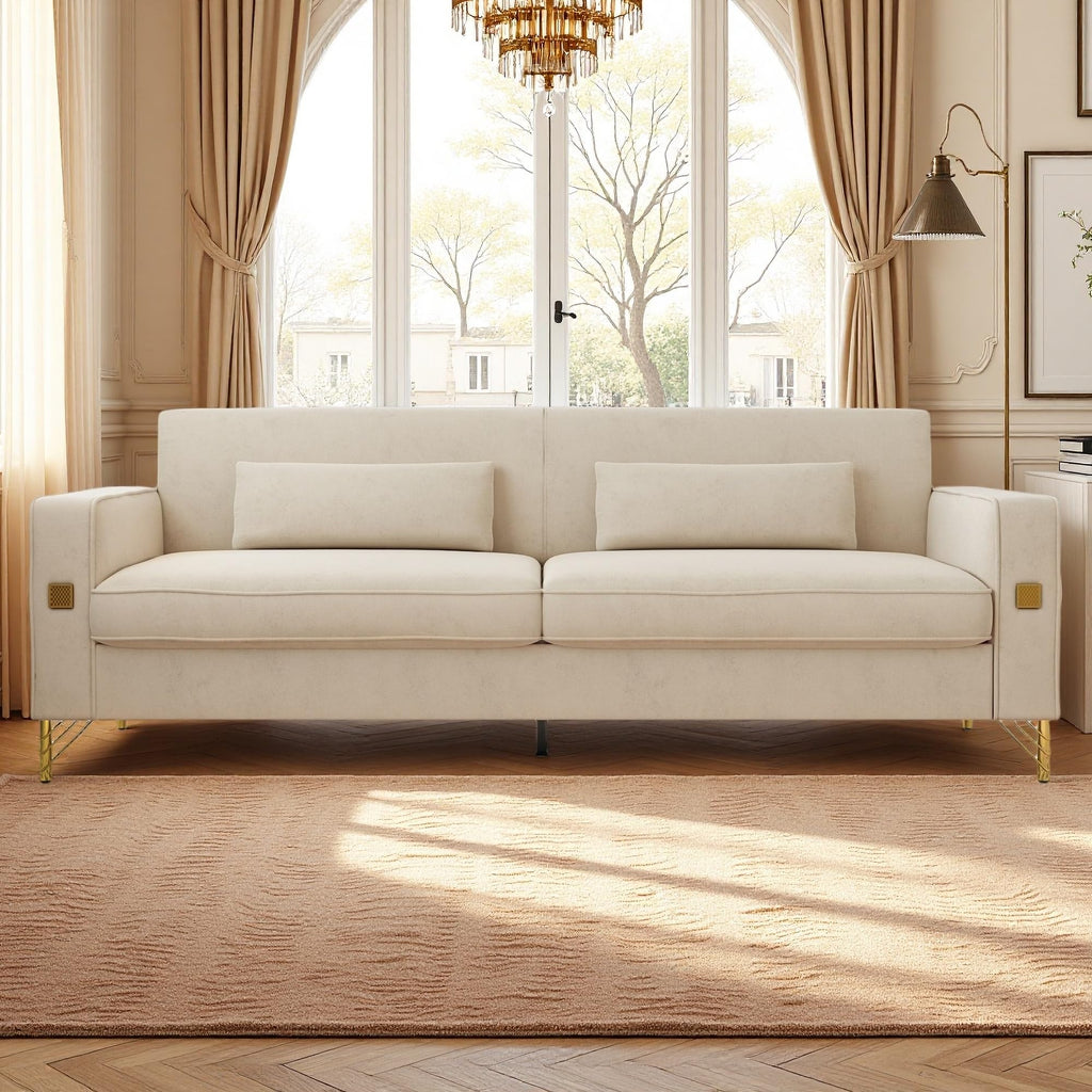 KEIKI 86" Oversized Luxury Velvet Sofa with Armrest and Removable Plush Cushions, Modern Style Gold Accents 3-Seater Couch with Solid Legs, Easy Assembly, for Living Room, Apartment, Green