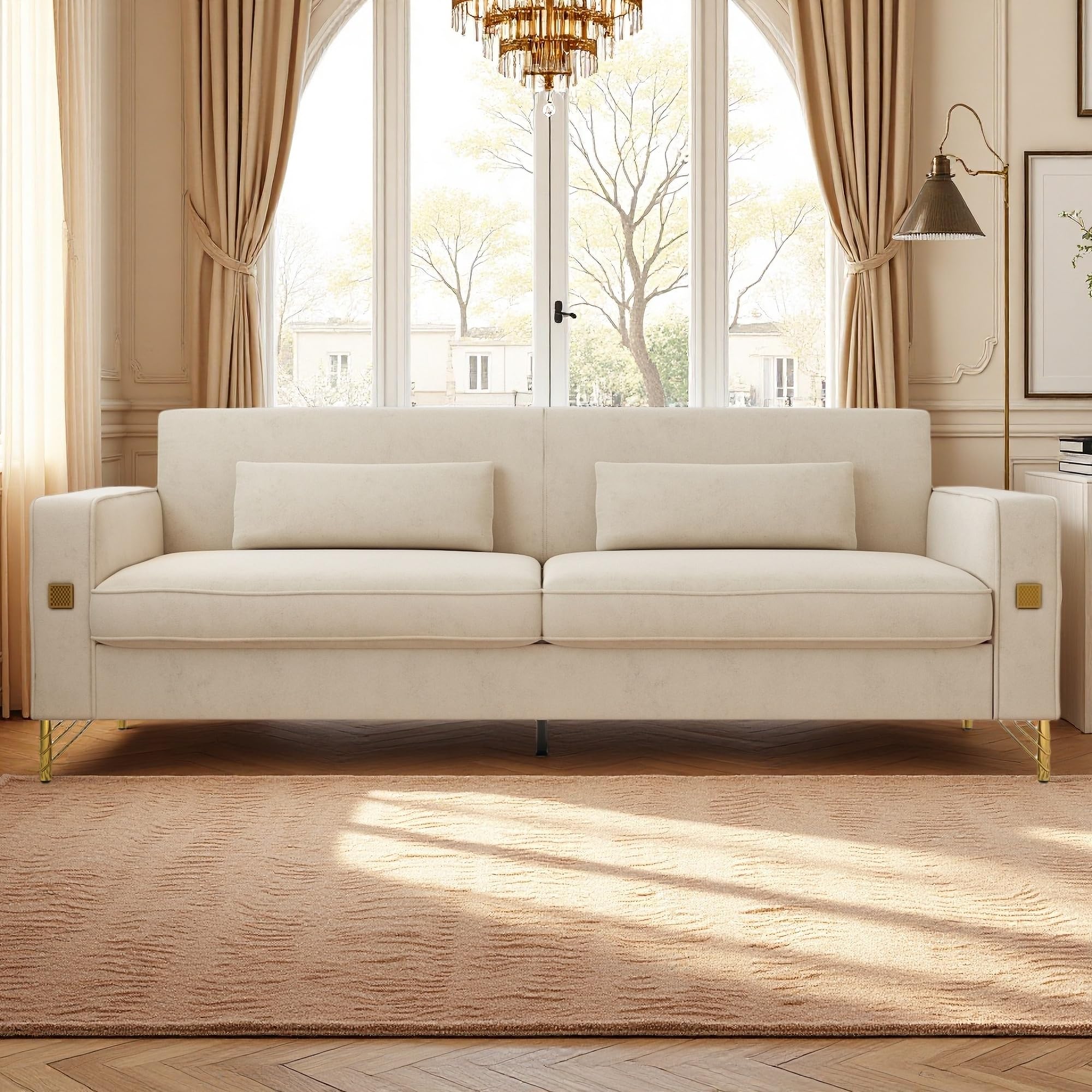 KEIKI 86" Oversized Luxury Velvet Sofa with Armrest and Removable Plush Cushions, Modern Style Gold Accents 3-Seater Couch with Solid Legs, Easy Assembly, for Living Room, Apartment, Green