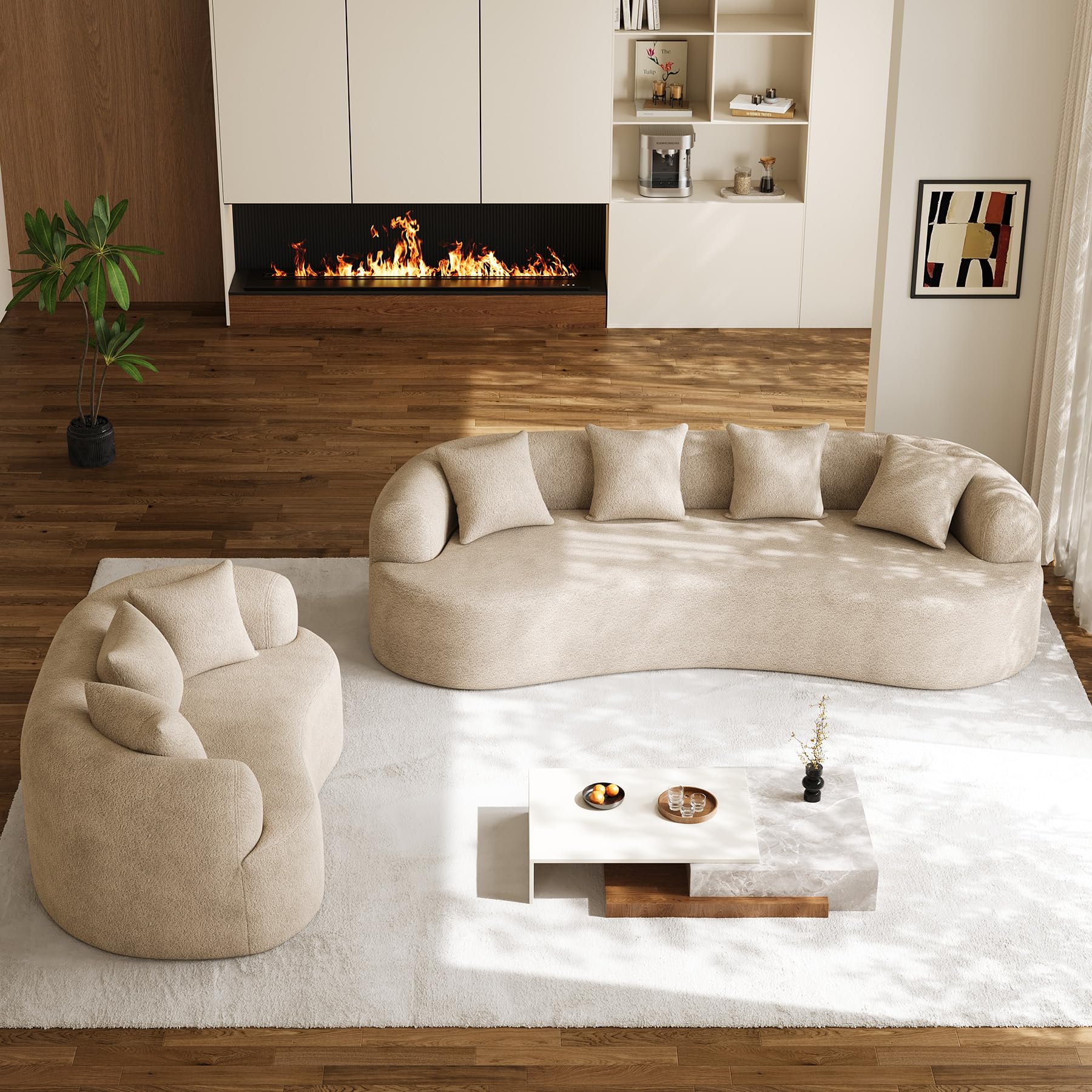 131" Oversized Sectional Sofa for Living Room, Modern Luxury Plush Chenille 4-Seater Extra Deep & Wide Seat Curved Cloud Couch with 4 Throw Pillows, No Assembly Needed, Light Brown
