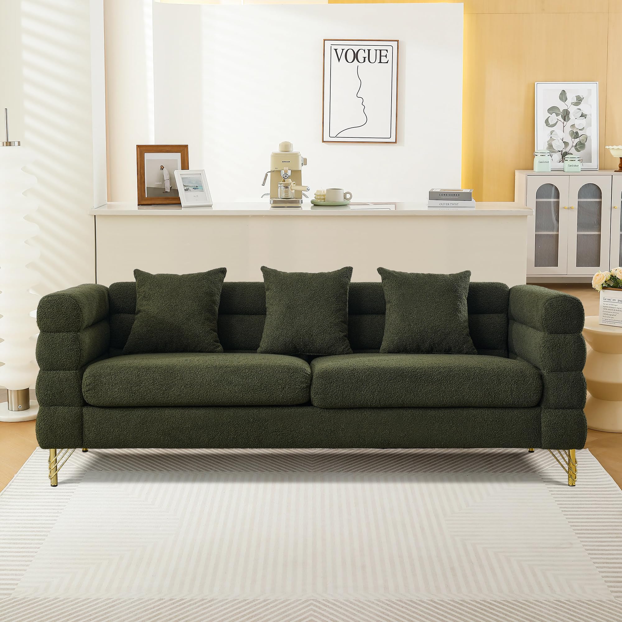 mikibama Modern Teddy Sectional Sofa, 81 Inch Oversized Sofa Couch, Luxury 3 Seater Deep Couch with 3 Pillows and Gold Metal Legs for Living Room, Bedroom, Apartment (Black)