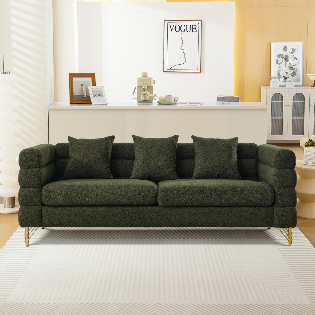 mikibama Modern Teddy Sectional Sofa, 81 Inch Oversized Sofa Couch, Luxury 3 Seater Deep Couch with 3 Pillows and Gold Metal Legs for Living Room, Bedroom, Apartment (Black)