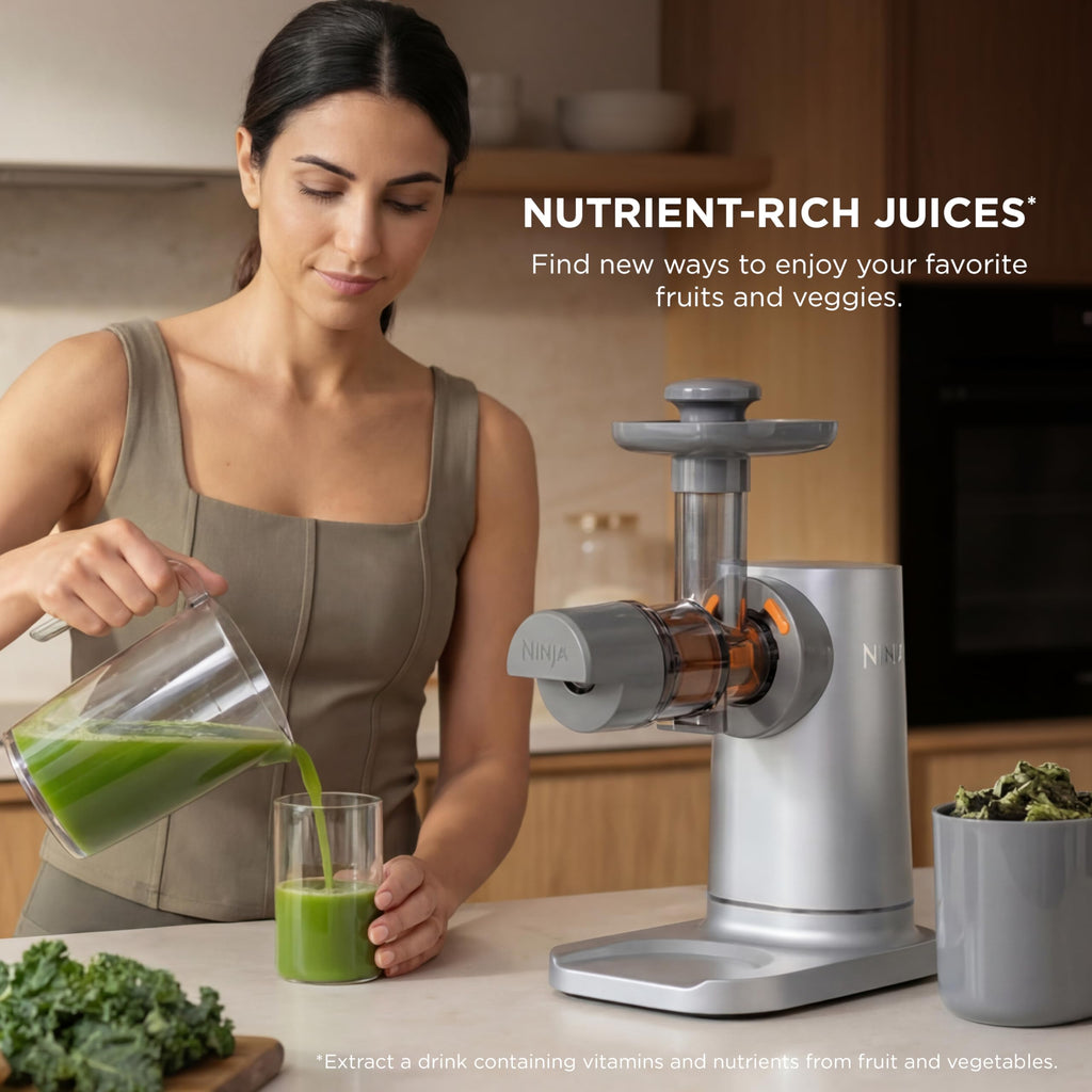 Ninja NeverClog Cold Press Juicer | Powerful Electric Slow Masticating Juicer with Pulp Control | XL Capacity | 24 oz. Juice Jug & 36 oz. Pulp Container | Dishwasher Safe | Navy | 150W | JC151NV