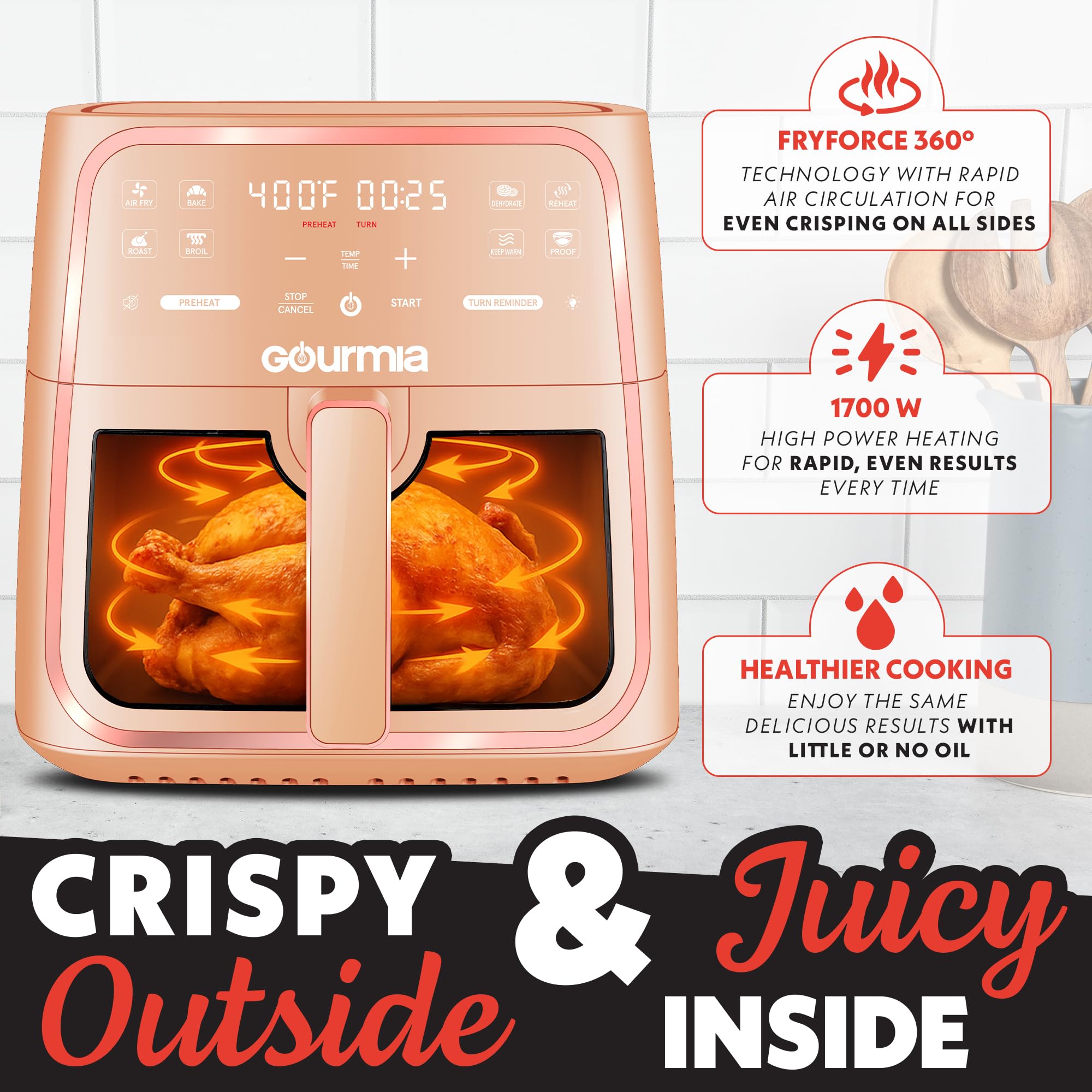 Gourmia 8 Qt Air Fryer, 8 Presets with Digital Display, FryForce 360° Technology, Easy View Window & Interior Light, Dishwasher Safe Basket, Green