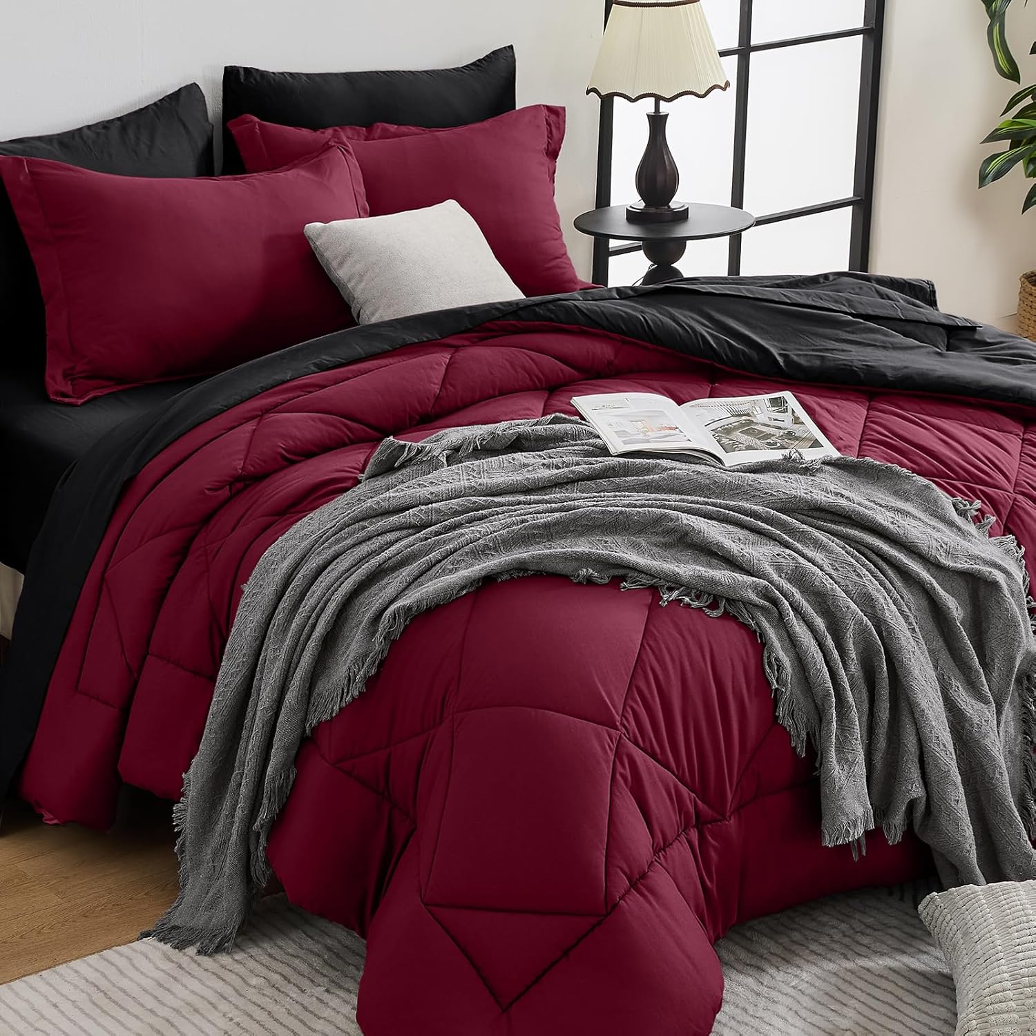 HEVUMYI 7 Pieces Queen Comforter Set, All Season Reversible Bed in a Bag, Ultra Soft Queen Bedding Set with Grey Comforter, Flat Sheet, Fitted Sheet, Pillowcases, Pillow Shams, Dark Grey