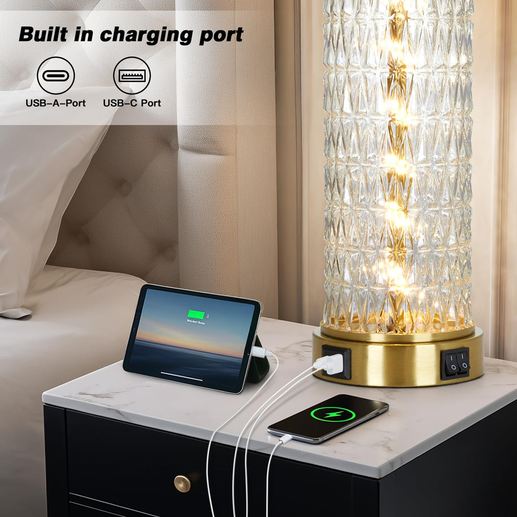 29" Gold Modern Table Lamps Set of 2, 3-Way Dimmable Touch Lamps for Nightstand with USB A+C & Outlets,Brass Lamps for Living Room, Bedroom, Nightstand, Entryway(2 Bulbs Included)