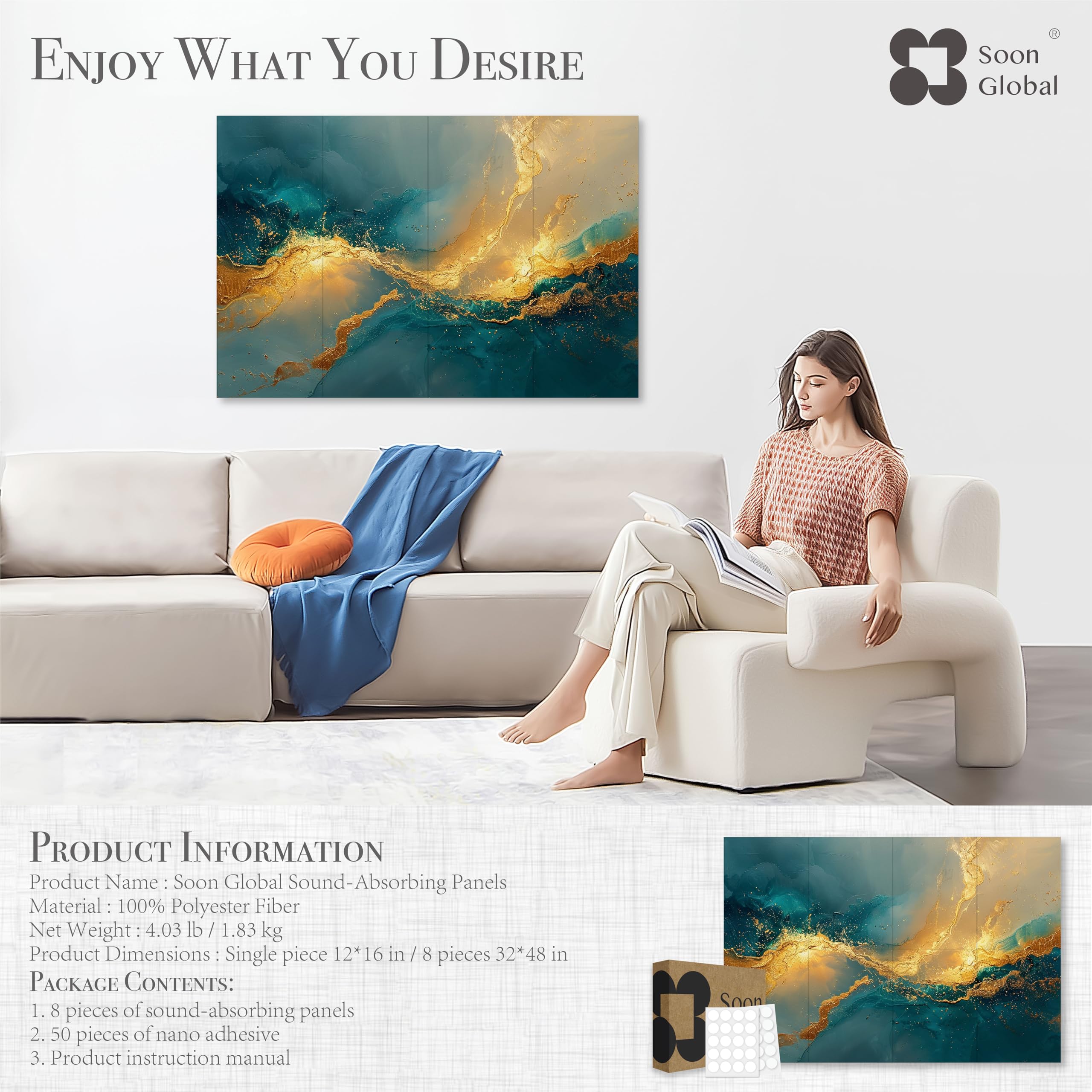 Soon Global Acoustical Wall Panels, 6-Piece 23.62 X 23.62 Inches Art Acoustic Panels, Decorative Acoustic Panels, Acoustic Wall Panels, Sound Absorbing Wall Art, Arcadian Vortex