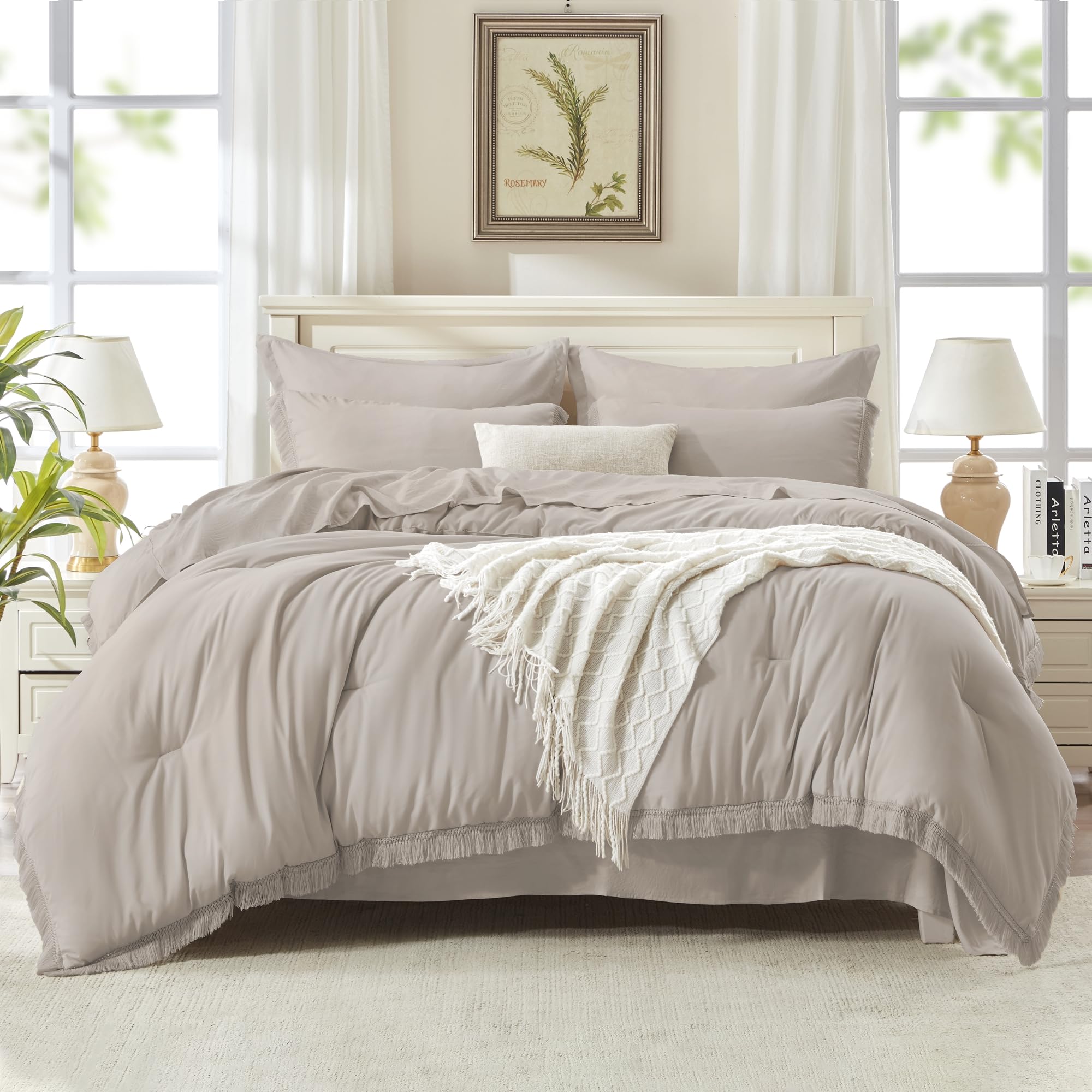 Andency King Size Comforter Set with Sheets Light Pink - 7 Pieces Bed in a Bag Boho Soft Lightweight Bedding Sets, Tassel Bed Set with Comforter, Sheets, Pillowcases & Shams