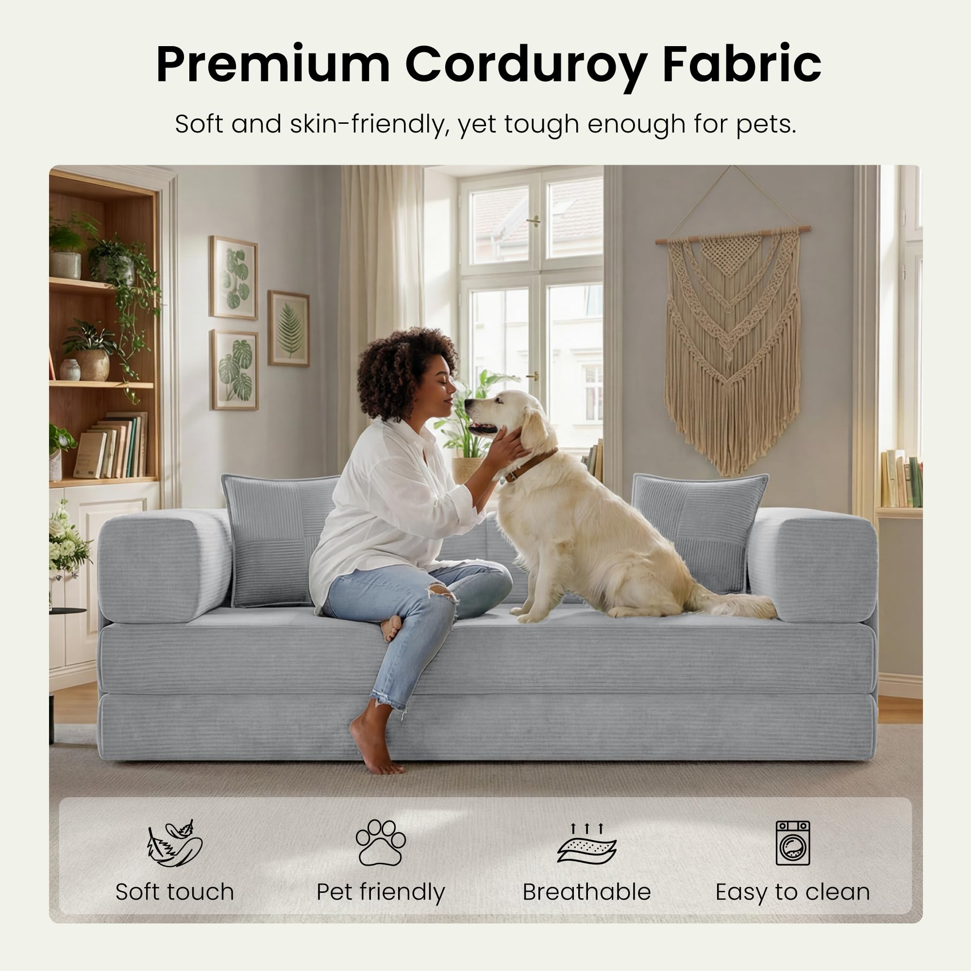 78.8" Convertible Futon Sofa Bed,Corduroy Futon Couch with Storage Pocket,Folding Pull Out Sofa,No Assembly Boneless Couch for Living Room | Pink