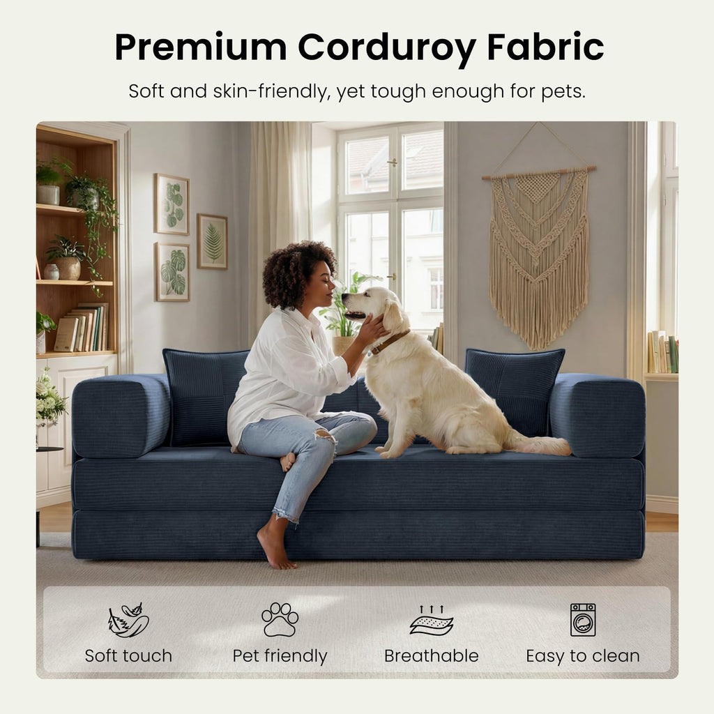 78.8" Convertible Futon Sofa Bed,Corduroy Futon Couch with Storage Pocket,Folding Pull Out Sofa,No Assembly Boneless Couch for Living Room | Pink