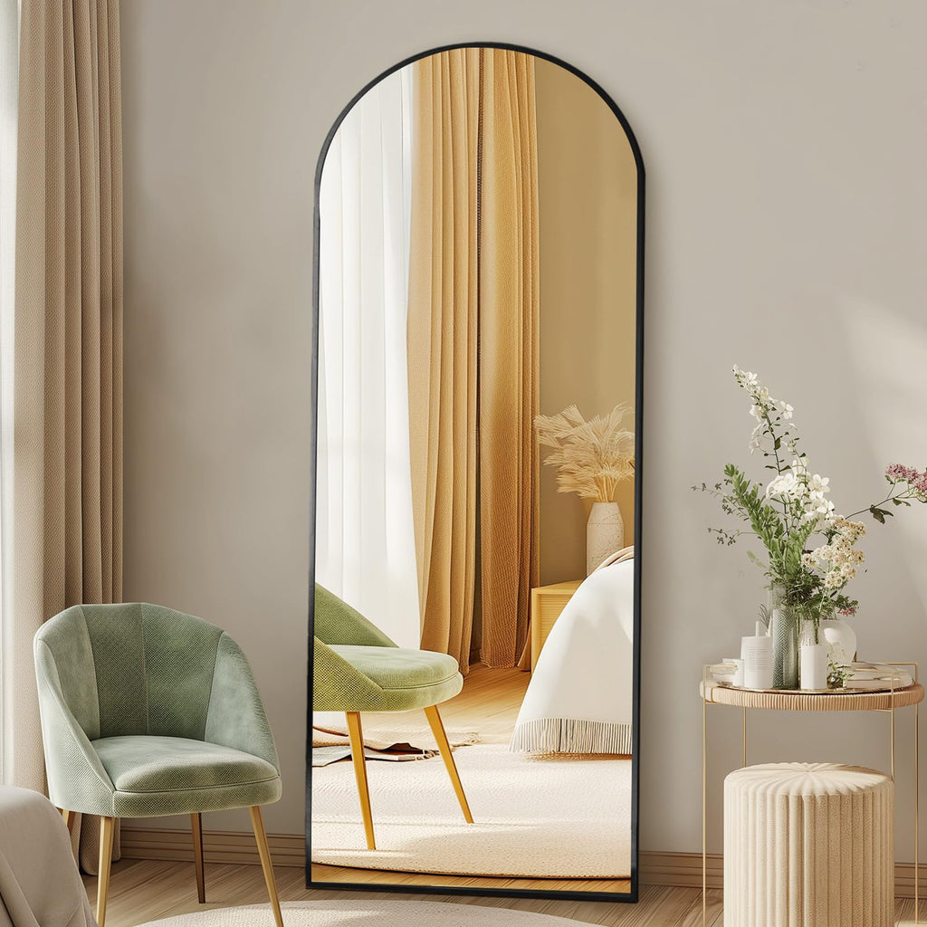 DUMOS Arched Full Length Mirror with Stand 64"x21" Floor Standing Aluminum Frame for Bedroom Body Hanging Leaning Modern Simple Home Decor Shatter-proorf Nano Glass Wall Living Room Cloakroom Black