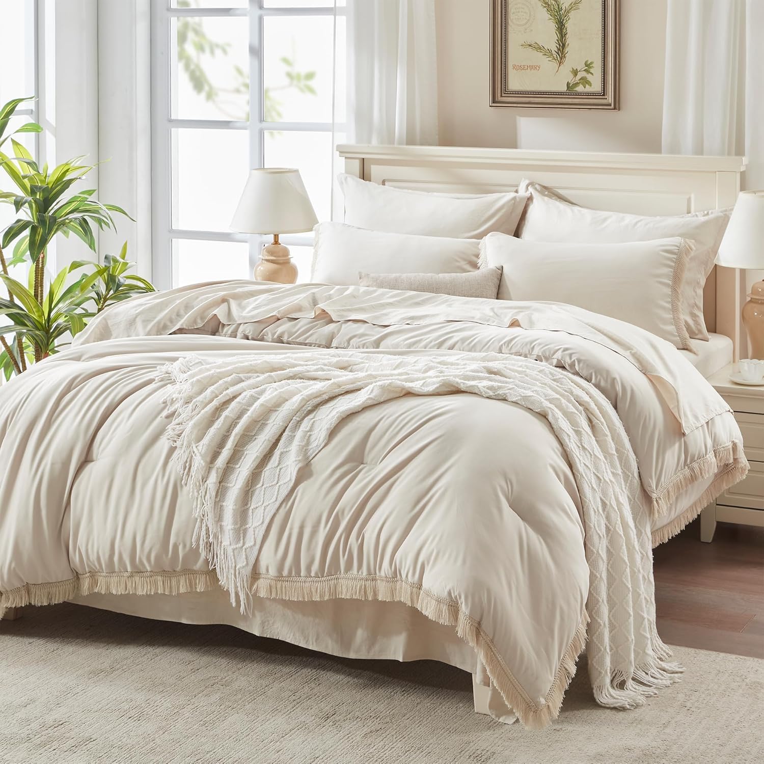 Andency King Size Comforter Set with Sheets Light Pink - 7 Pieces Bed in a Bag Boho Soft Lightweight Bedding Sets, Tassel Bed Set with Comforter, Sheets, Pillowcases & Shams