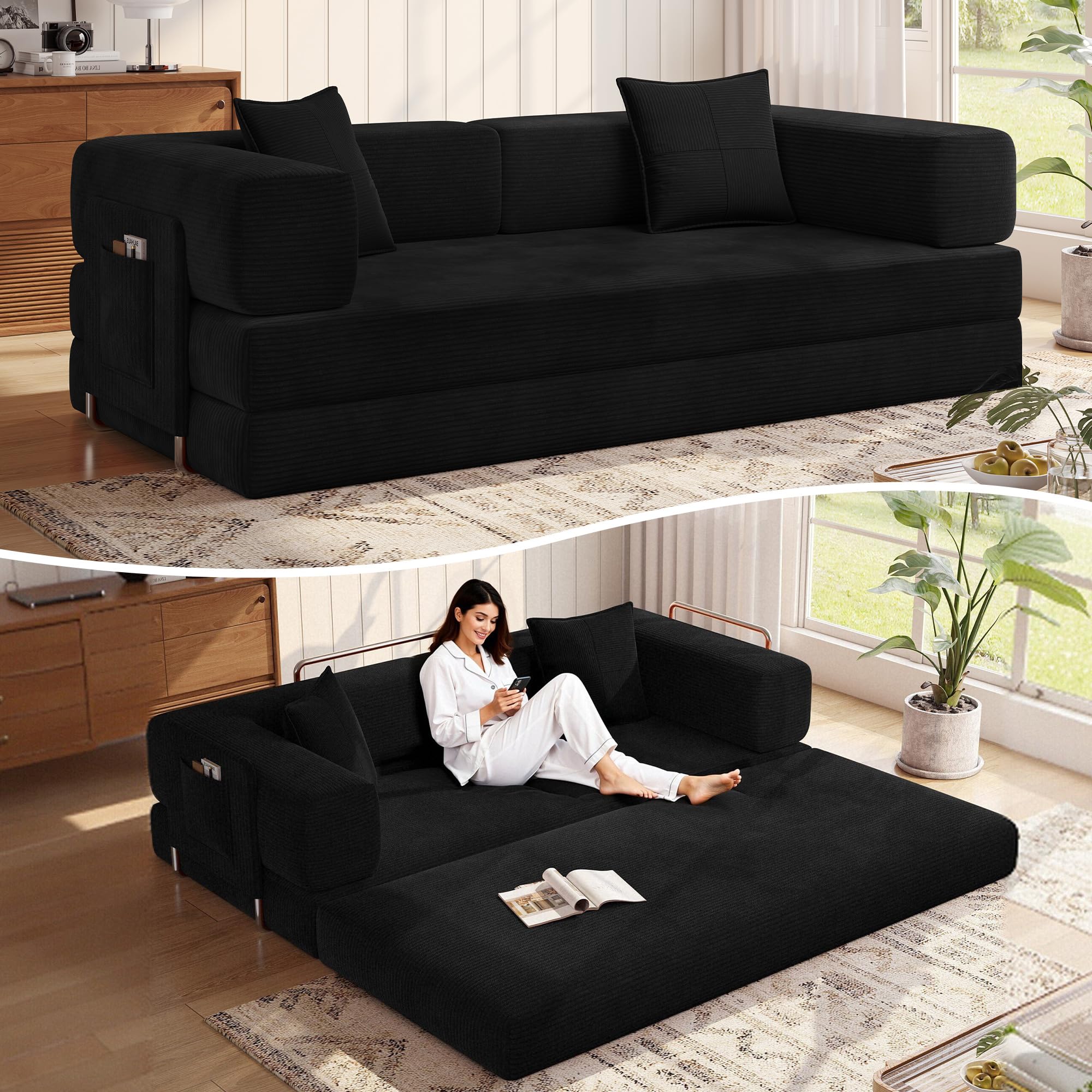 MoonSpeak 78.8''Sleeper Couch Bed for Livingroom,Convertible Modular Sofa with Armrest Pillow,Modular Foldable Corduroy Couches in a Box,No Assembly (Green)