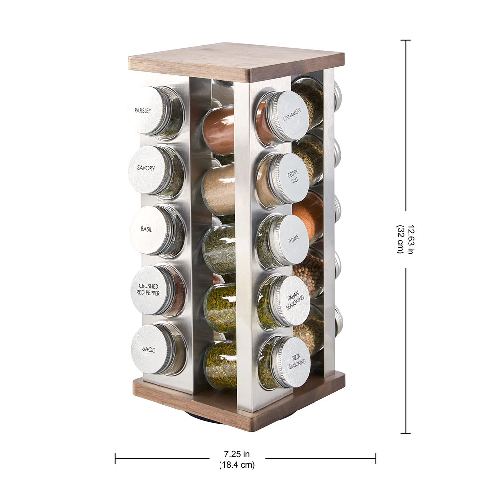 Kamenstein 20 Jar Revolving Countertop Spice Rack with Spices Included, FREE Spice Refills for 5 Years, Polished Stainless Steel with Black Caps, 30020