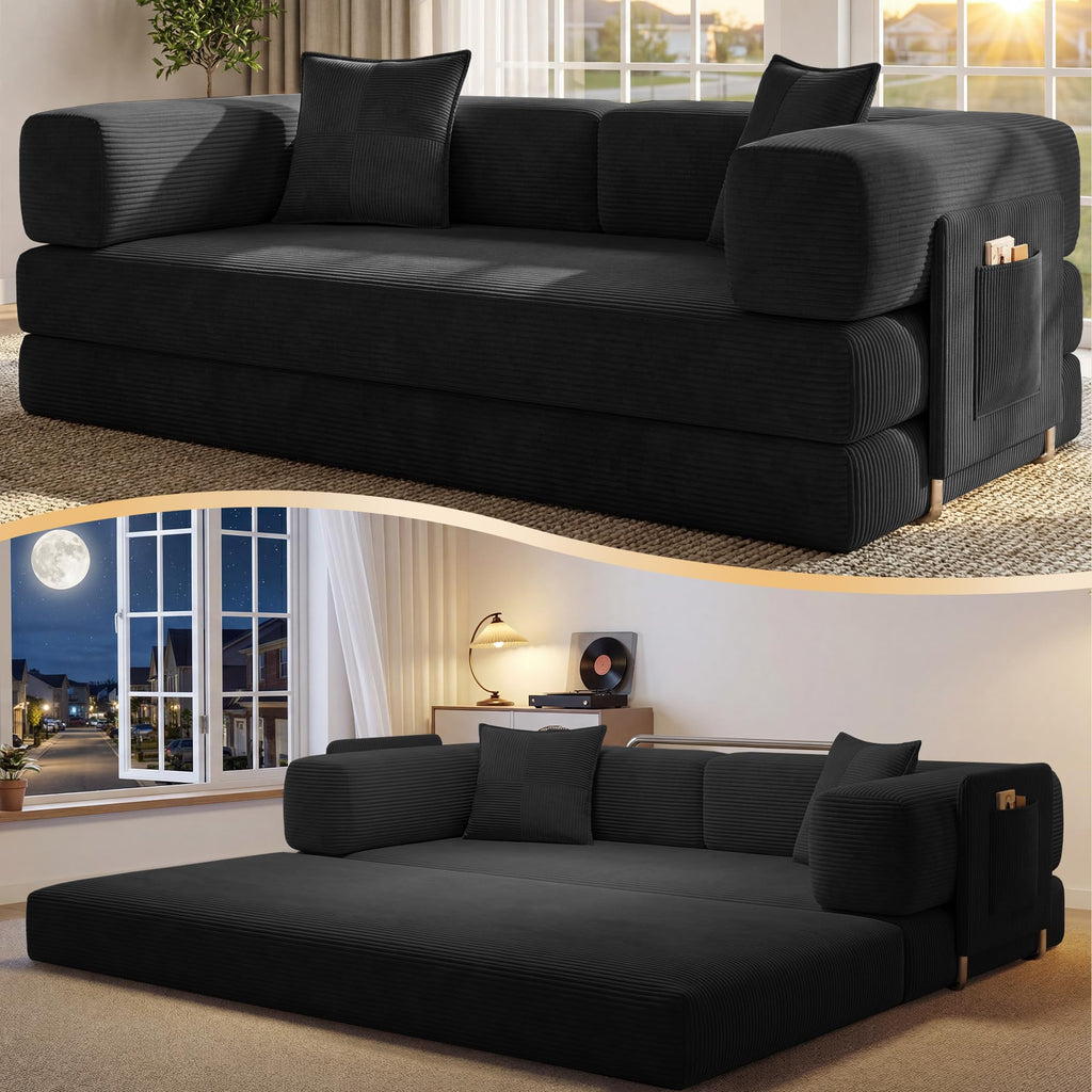 78.8" Convertible Futon Sofa Bed,Corduroy Futon Couch with Storage Pocket,Folding Pull Out Sofa,No Assembly Boneless Couch for Living Room | Pink
