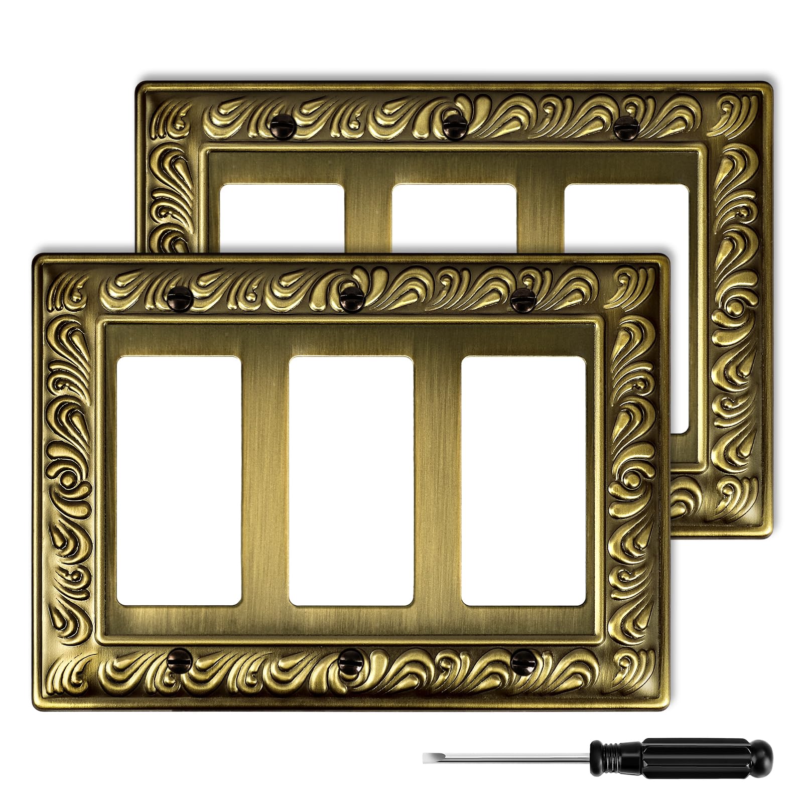 Antique Brass Duplex Outlet Cover Paisley Pattern Decorative Wall Plates for Electrical Outlet, Metal Switch Plates and Receptacle Cover for Kitchen Bathroom (1 Gang Duplex Outlet-6 Pack)