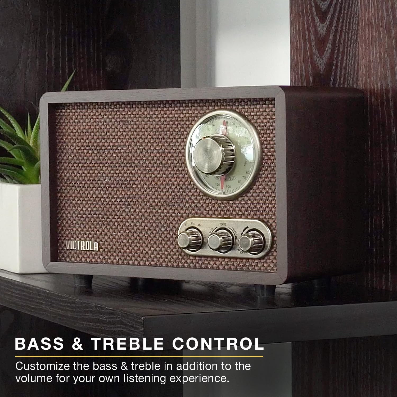 Victrola Willow – Retro Wood Bluetooth Radio with Built-in Speakers: Elegant & Vintage Design, Rotary AM/FM Tuning Dial, Bass & Treble Control, Wireless Streaming (Espresso)