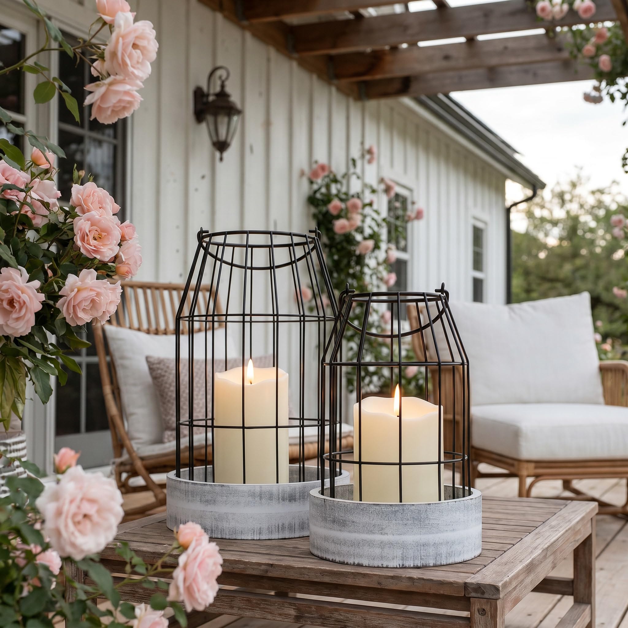 Rustic Farmhouse Lantern Decor Set of 2 - Stylish Decorative Lanterns for Your Living Room, Patio & Porch or Kitchen Dining Table - Modern Indoor/Outdoor Coffee Table Decor for Your Entire Home