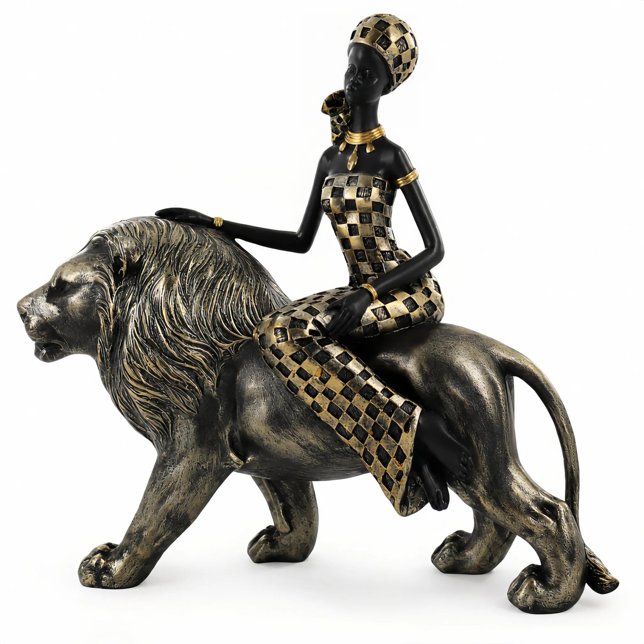 Lescafita African Woman Riding Lion Resin Statue – Tribal Figurine for Home Decor, Elegant Black and Gold Sculpture for Shelf, Desk, or Mantel, Unique for Mom, Friends, Women, Christmas