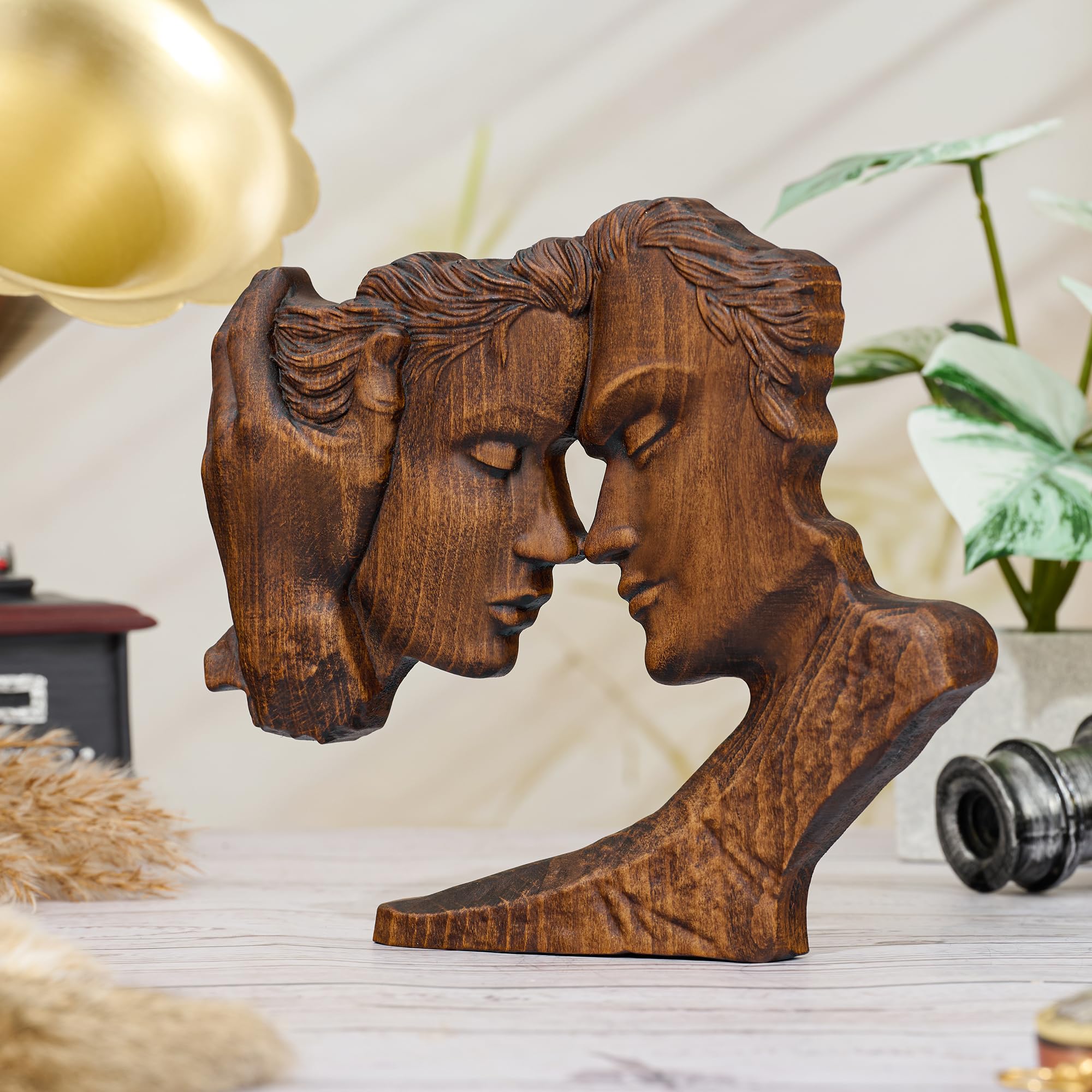 BGCOPPER Wooden Kissing Couple Ornament, Abstract Couple Portrait Sculpture Romantic Love Statue Decor Gift for Women Anniversary Valentine Wedding - 10 Inch