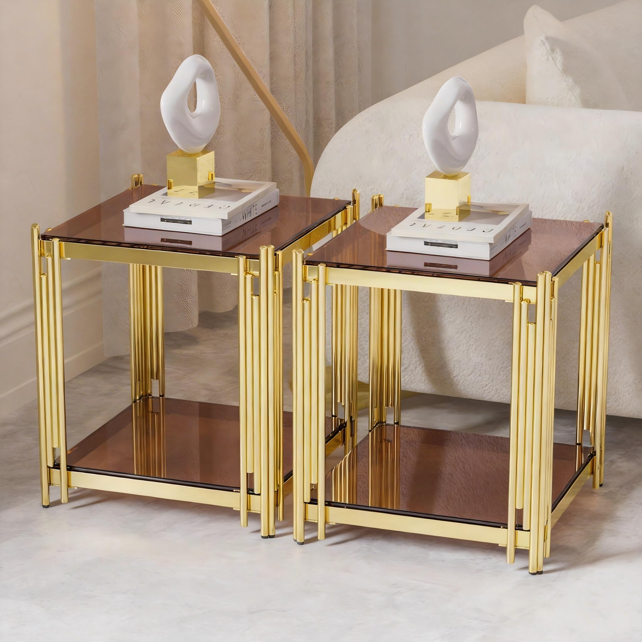 Luxury Gold Square Glass End Table, 19.7" Modern Side Table with Stainless Steel Irregular Leg Clear Tempered Glass Tabletop, Accent Furniture for Living Room, Clear