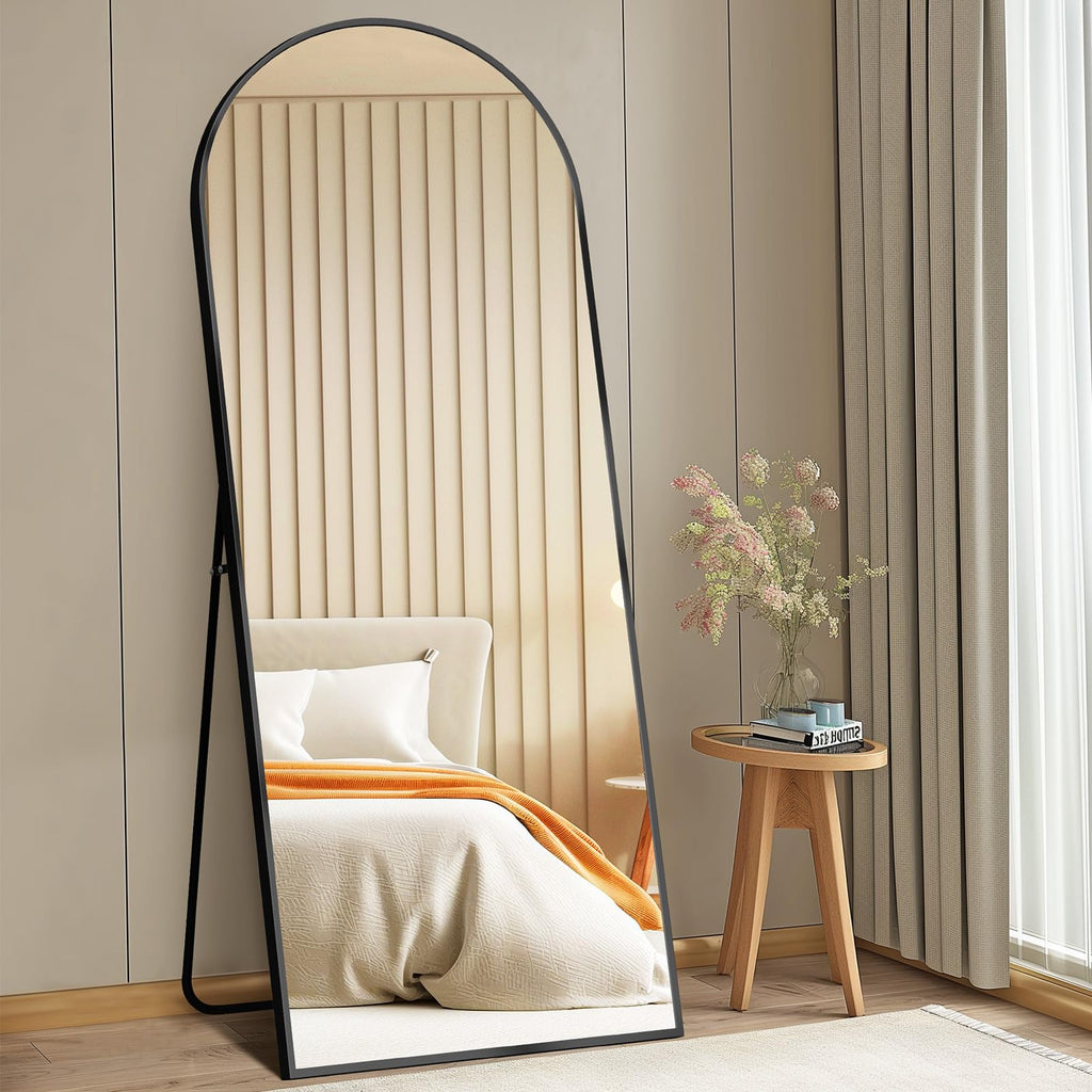 DUMOS Arched Full Length Mirror with Stand 64"x21" Floor Standing Aluminum Frame for Bedroom Body Hanging Leaning Modern Simple Home Decor Shatter-proorf Nano Glass Wall Living Room Cloakroom Black