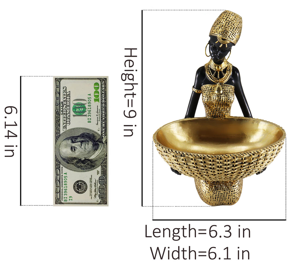 Lescafita African Woman Sculpture with Gold Leaf Bowl, Handmade Resin Figurine, Exotic Tribal Art Statue for Living Room, Dining Table, or Entryway Decoration
