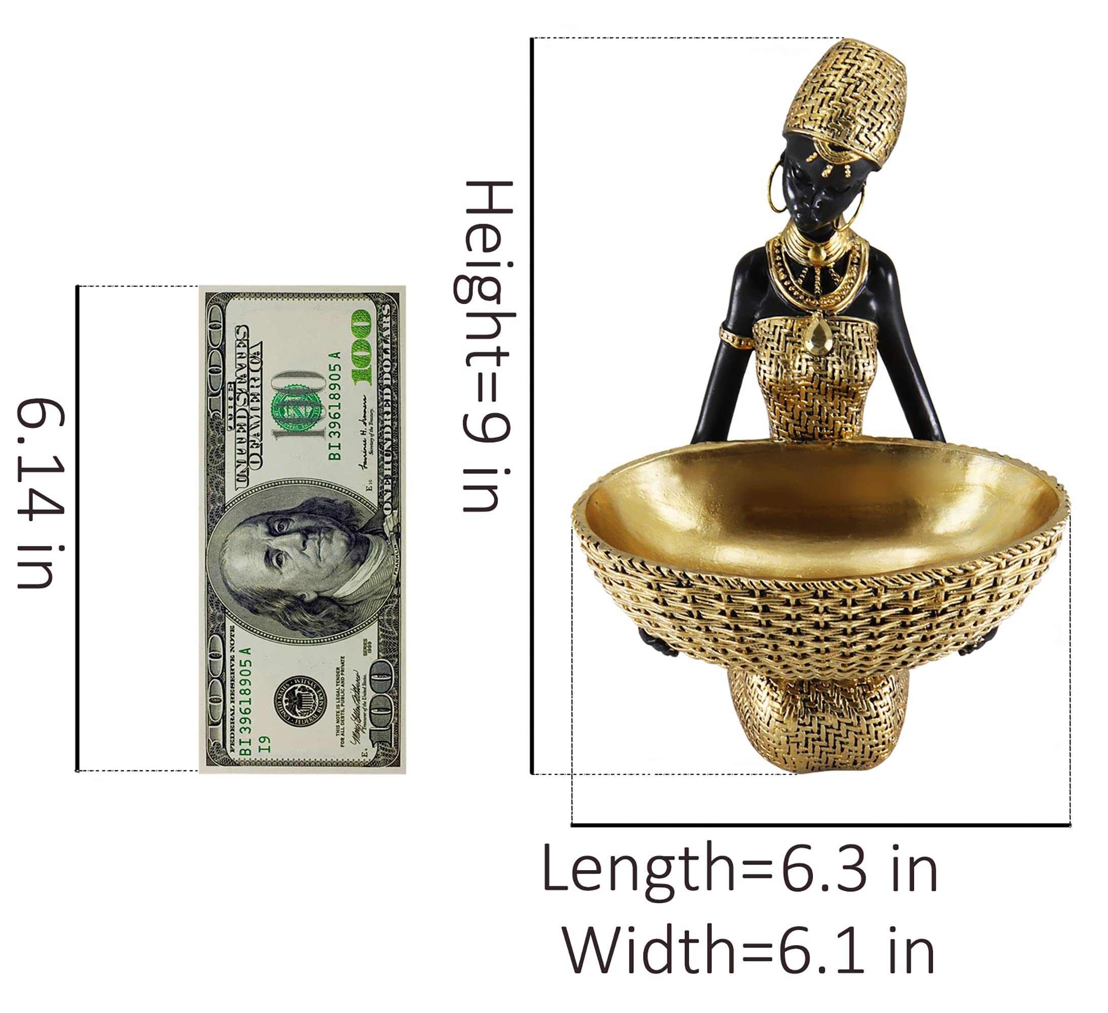 Lescafita African Woman Sculpture with Gold Leaf Bowl, Handmade Resin Figurine, Exotic Tribal Art Statue for Living Room, Dining Table, or Entryway Decoration