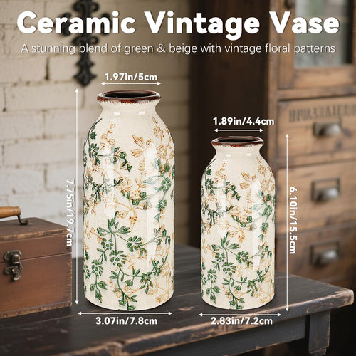 2 Pcs Vintage Ceramic Flower Vase Chinoiserie Antique Floral Vase Rustic Boho Farmhouse Decor for Home Table Bookshelf Aesthetic Centerpiece Gift(Vintage Green)