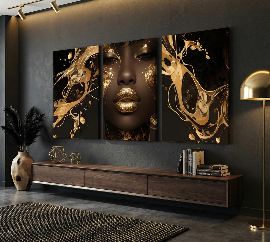 3 Pcs Black Gold Woman Canvas Wall Art African American Black Girl Wall Decor Pictures Abstract Black Gold Female Poster Print Artwork for Living Room Bedroom Scene Home Decoration Prepare To Hang