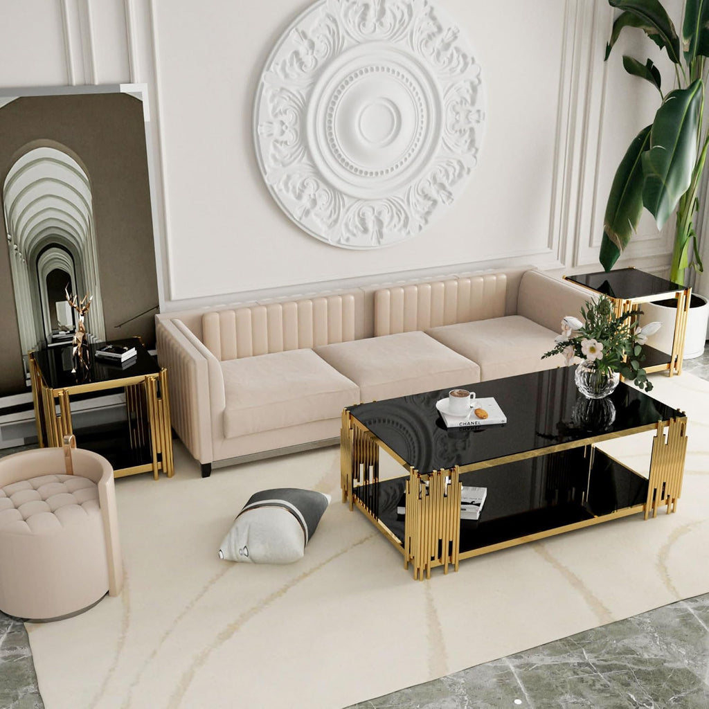 Luxury Gold Square Glass End Table, 19.7" Modern Side Table with Stainless Steel Irregular Leg Clear Tempered Glass Tabletop, Accent Furniture for Living Room, Clear