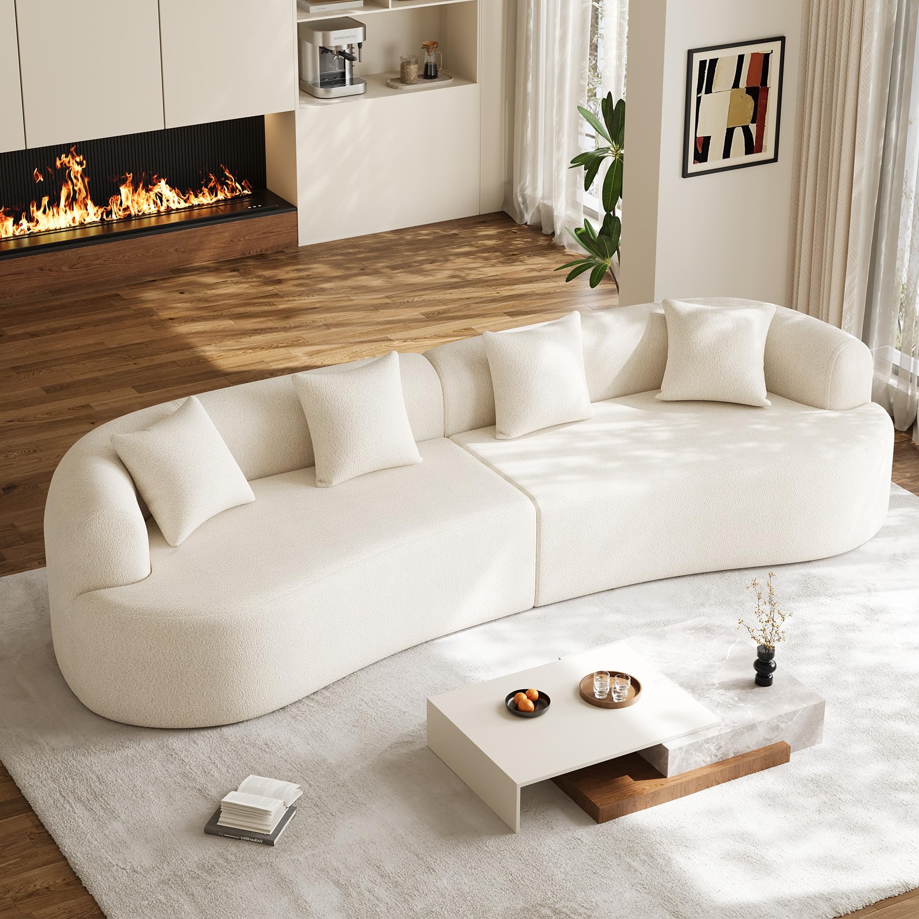 131" Oversized Sectional Sofa for Living Room, Modern Luxury Plush Chenille 4-Seater Extra Deep & Wide Seat Curved Cloud Couch with 4 Throw Pillows, No Assembly Needed, Light Brown