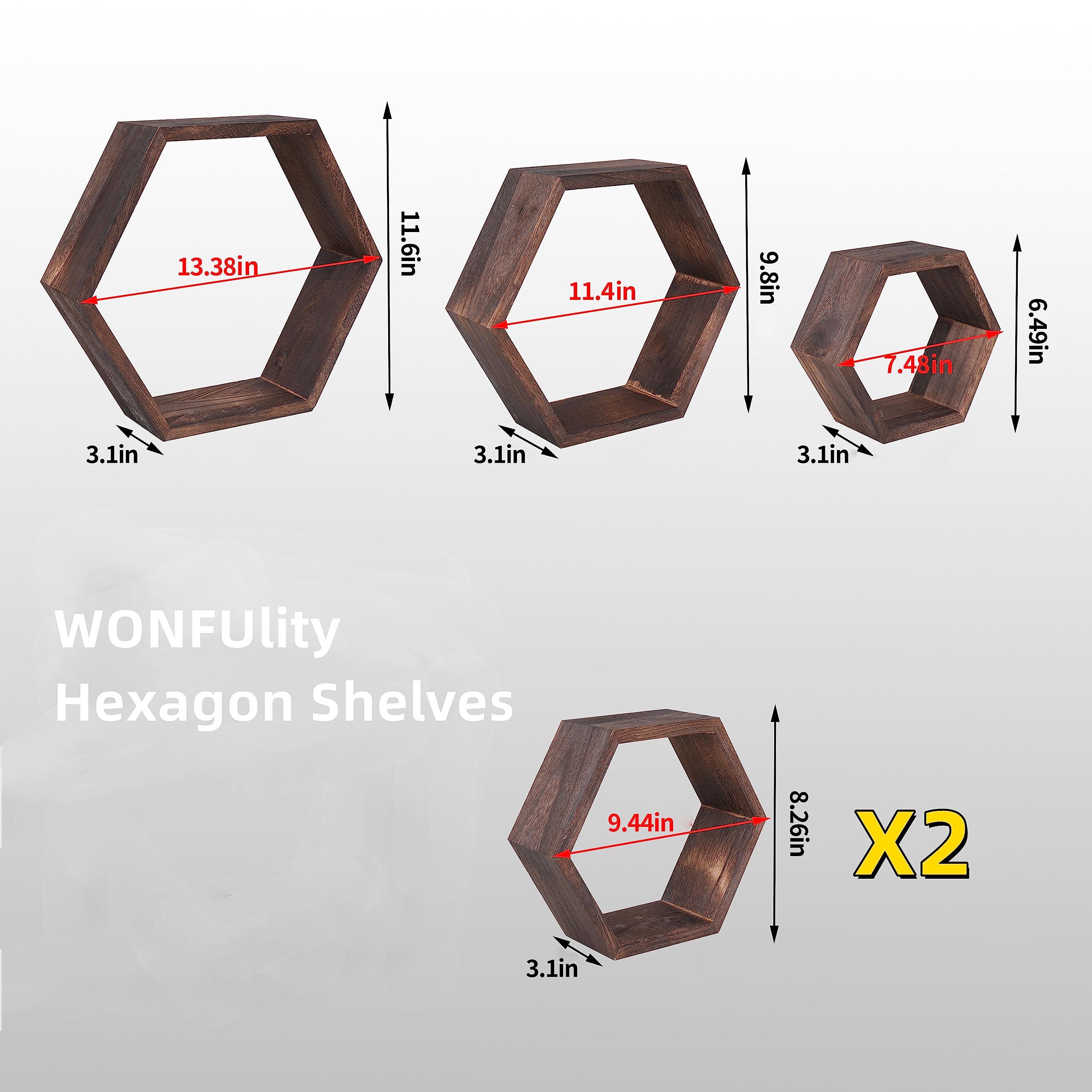 WONFUlity Hexagon Floating Shelves Honeycomb Shelves Wall Mounted Wood Farmhouse Storage Wall Shelf for Bathroom, Kitchen, Bedroom, Living Room,Driftwood Finish Decor,Dark Brwon
