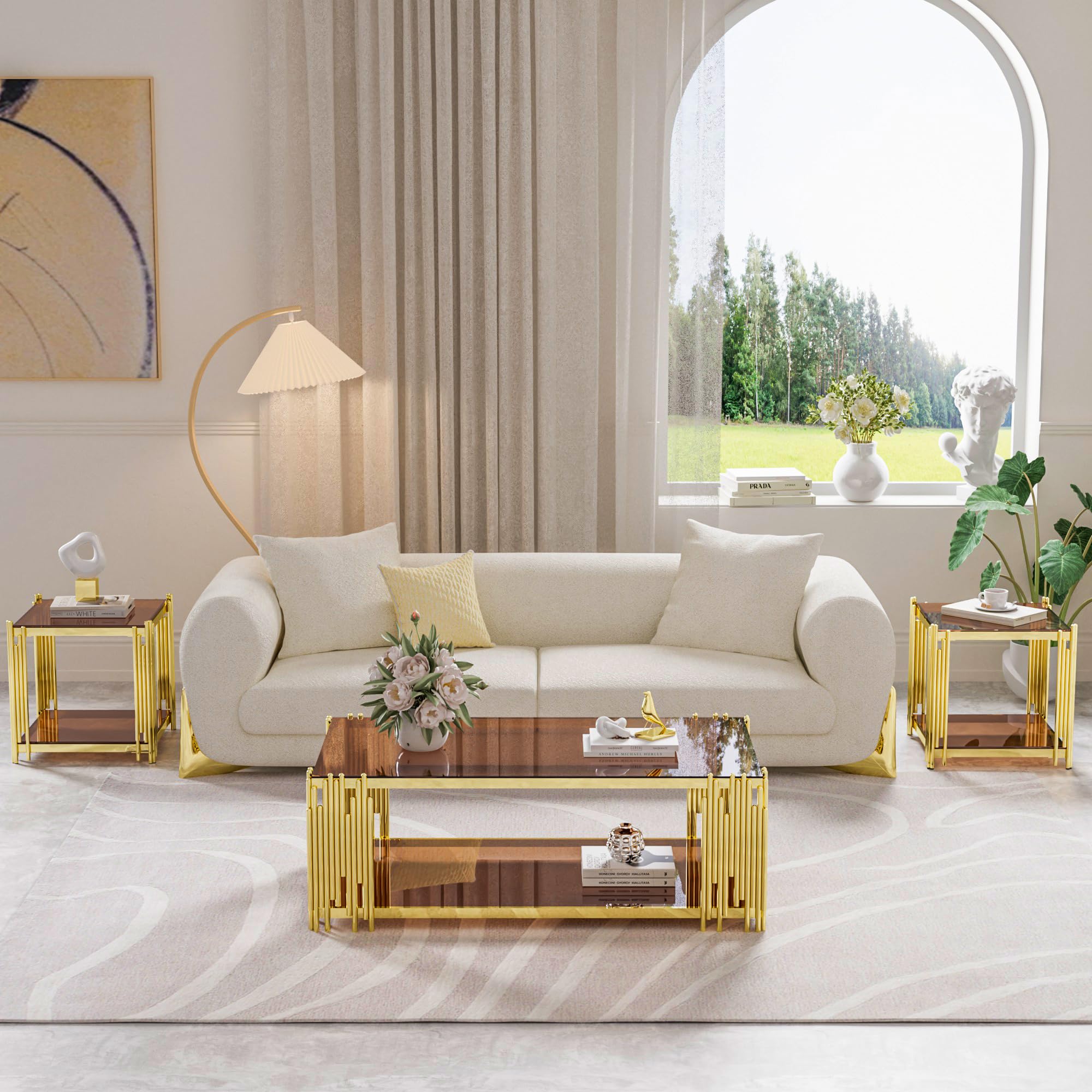 Luxury Gold Square Glass End Table, 19.7" Modern Side Table with Stainless Steel Irregular Leg Clear Tempered Glass Tabletop, Accent Furniture for Living Room, Clear
