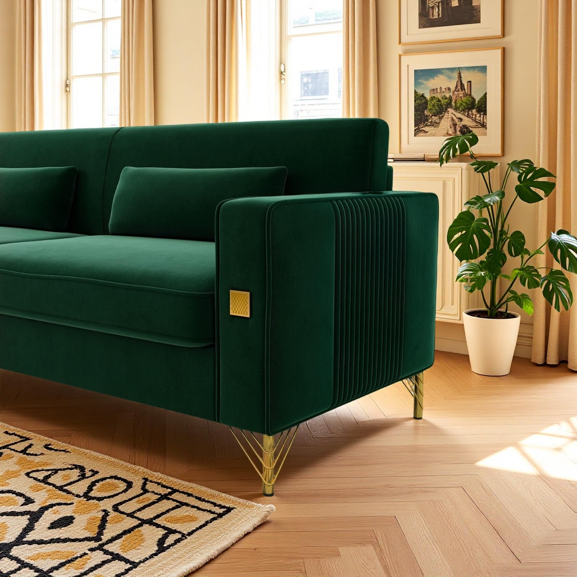 KEIKI 86" Oversized Luxury Velvet Sofa with Armrest and Removable Plush Cushions, Modern Style Gold Accents 3-Seater Couch with Solid Legs, Easy Assembly, for Living Room, Apartment, Green