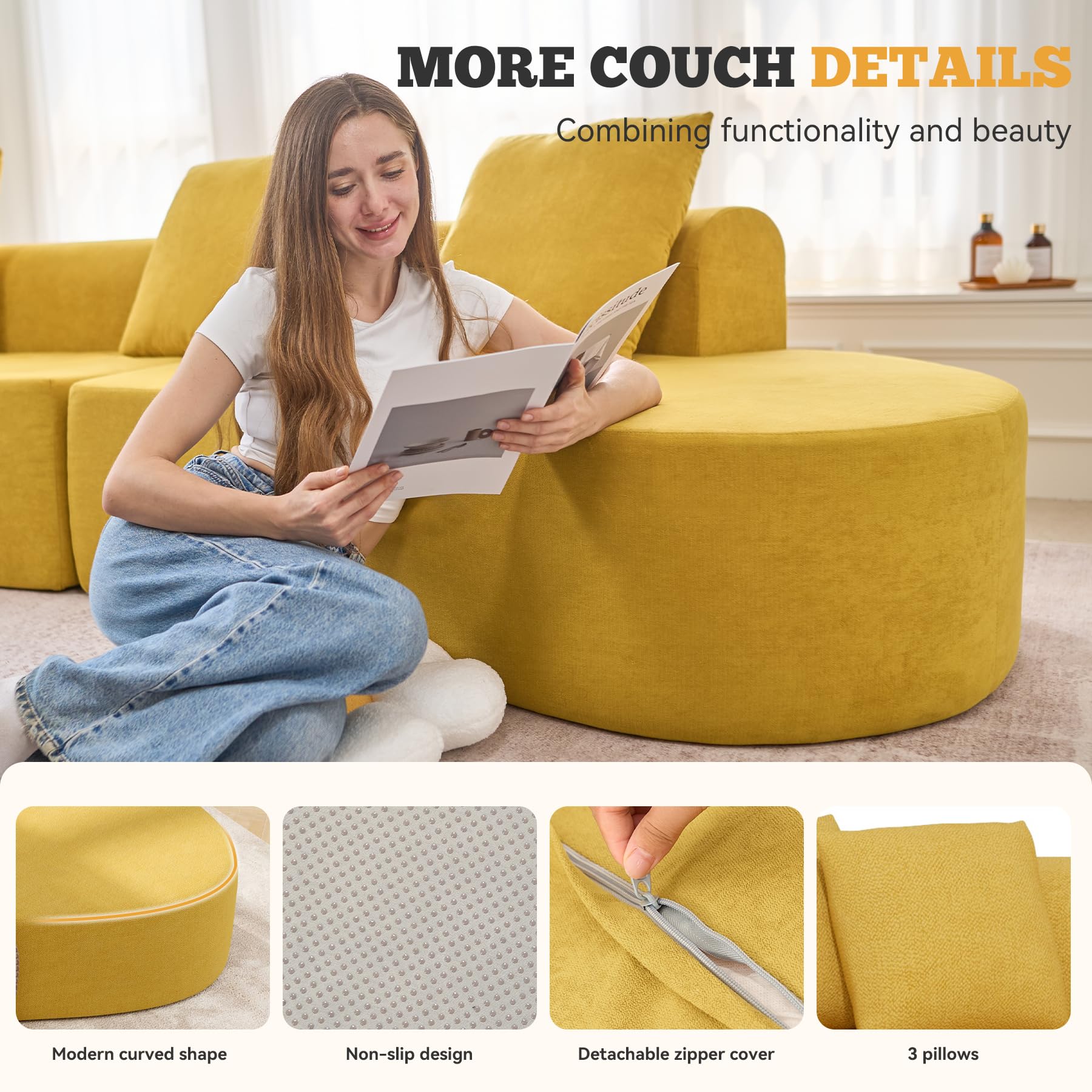 126" Curved Modular Sectional Sofa, Modern Boneless Couches for Living Room,No Assembly Required Cloud Couch,Brown Corduroy Fabric,1 PCS