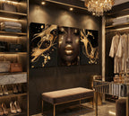 3 Pcs Black Gold Woman Canvas Wall Art African American Black Girl Wall Decor Pictures Abstract Black Gold Female Poster Print Artwork for Living Room Bedroom Scene Home Decoration Prepare To Hang
