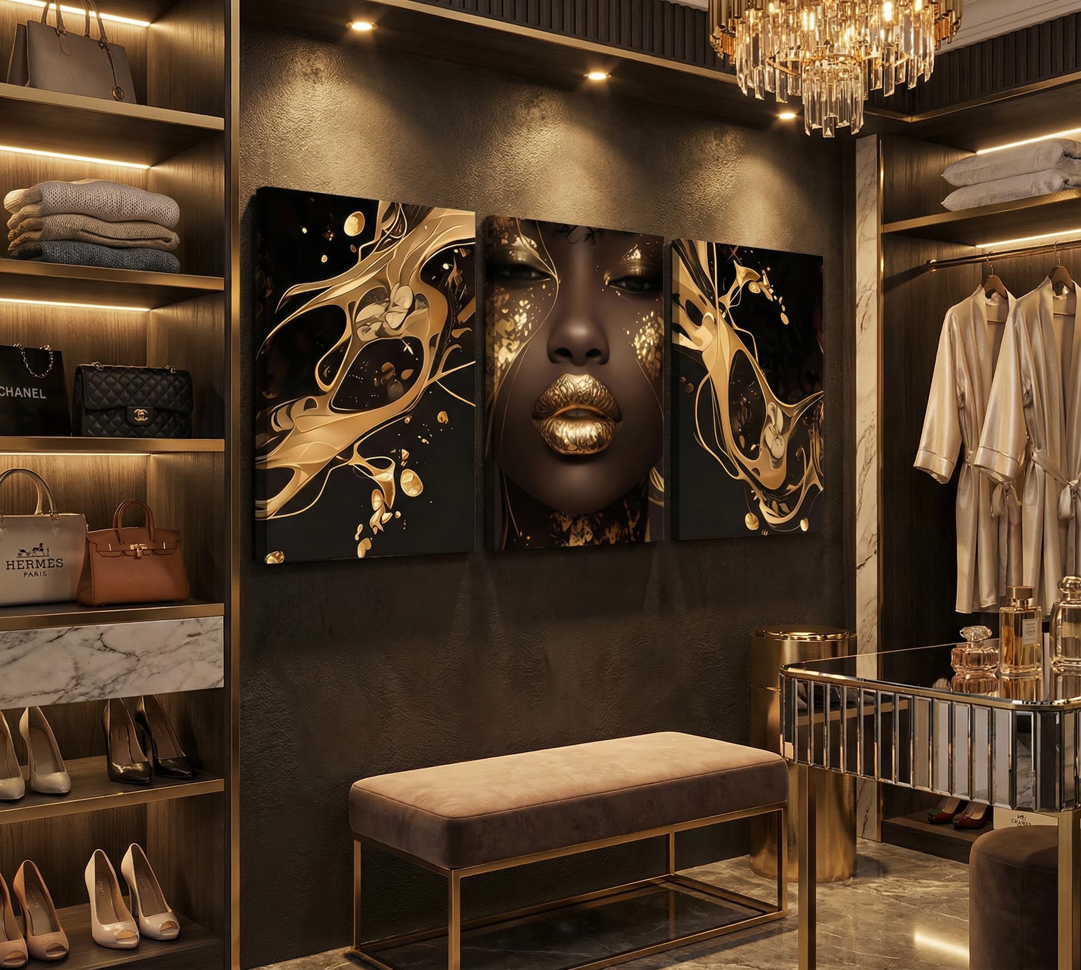 3 Pcs Black Gold Woman Canvas Wall Art African American Black Girl Wall Decor Pictures Abstract Black Gold Female Poster Print Artwork for Living Room Bedroom Scene Home Decoration Prepare To Hang
