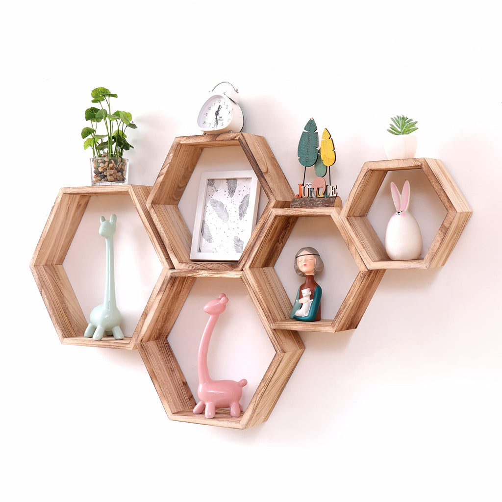 WONFUlity Hexagon Floating Shelves Honeycomb Shelves Wall Mounted Wood Farmhouse Storage Wall Shelf for Bathroom, Kitchen, Bedroom, Living Room,Driftwood Finish Decor,Dark Brwon