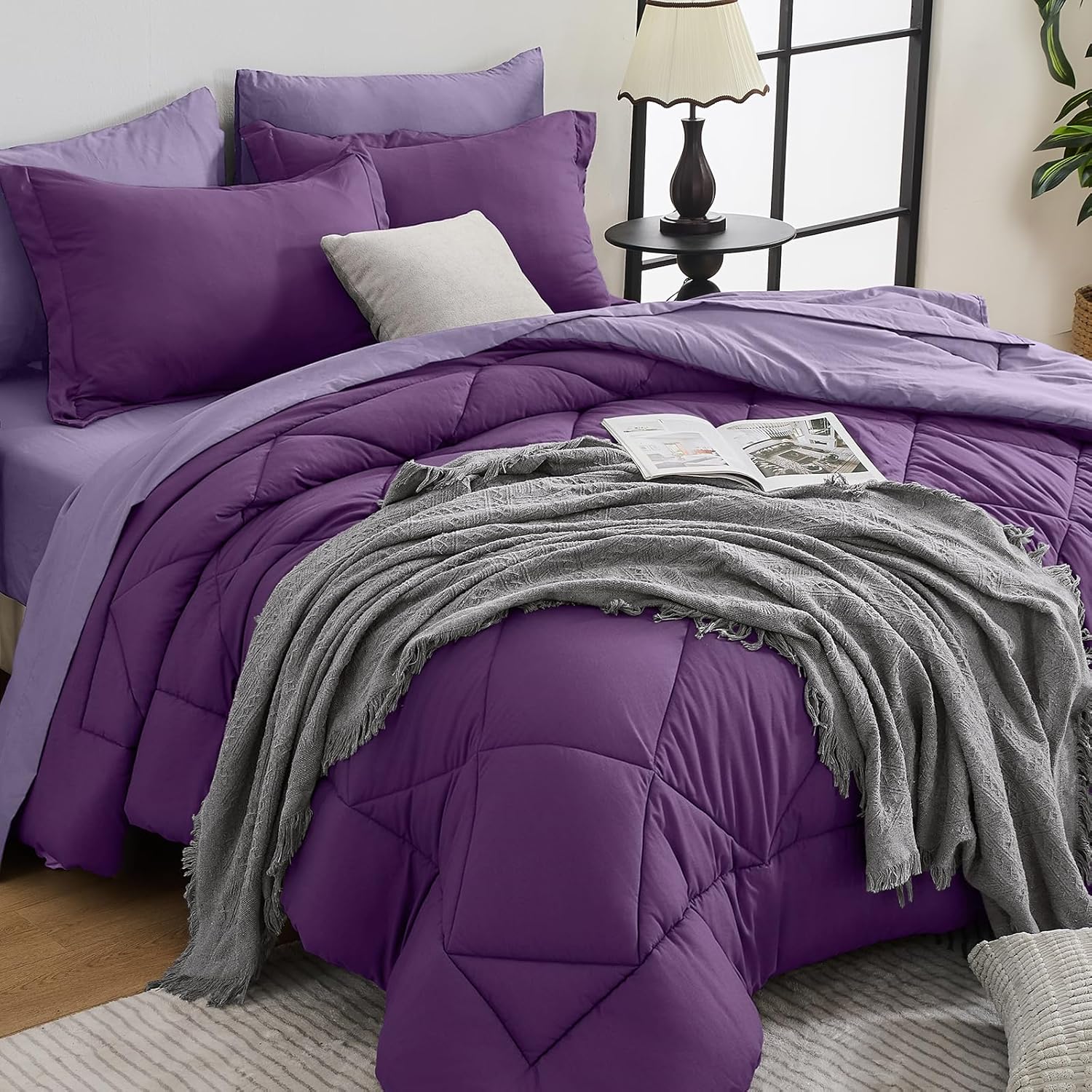 HEVUMYI 7 Pieces Queen Comforter Set, All Season Reversible Bed in a Bag, Ultra Soft Queen Bedding Set with Grey Comforter, Flat Sheet, Fitted Sheet, Pillowcases, Pillow Shams, Dark Grey