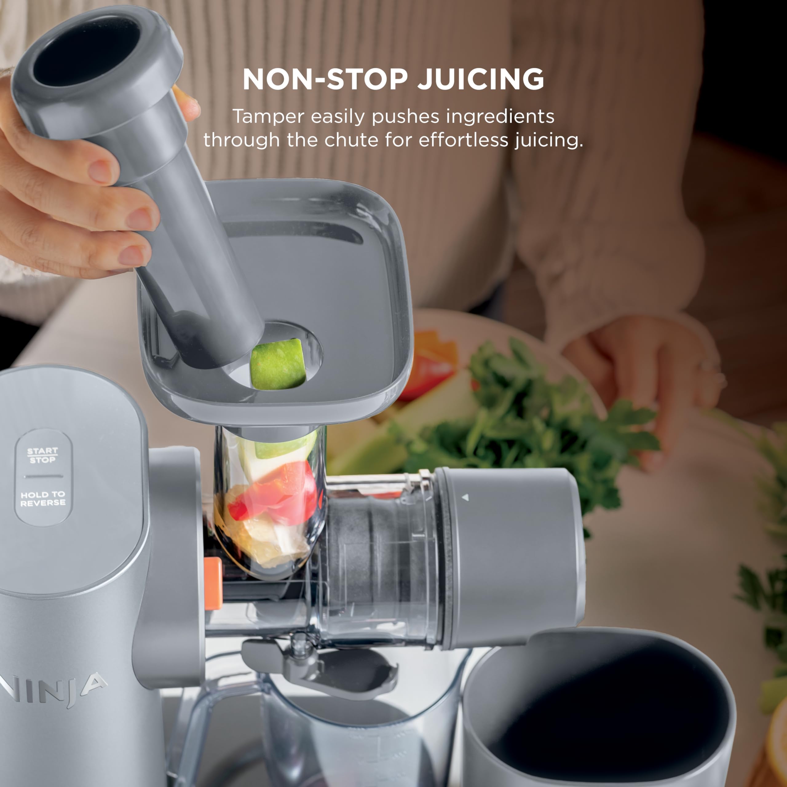Ninja NeverClog Cold Press Juicer | Powerful Electric Slow Masticating Juicer with Pulp Control | XL Capacity | 24 oz. Juice Jug & 36 oz. Pulp Container | Dishwasher Safe | Navy | 150W | JC151NV