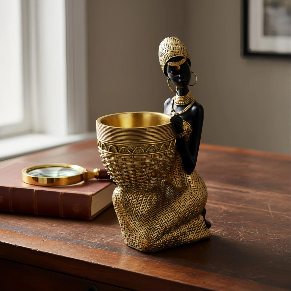 Lescafita African Woman Sculpture with Gold Leaf Bowl, Handmade Resin Figurine, Exotic Tribal Art Statue for Living Room, Dining Table, or Entryway Decoration