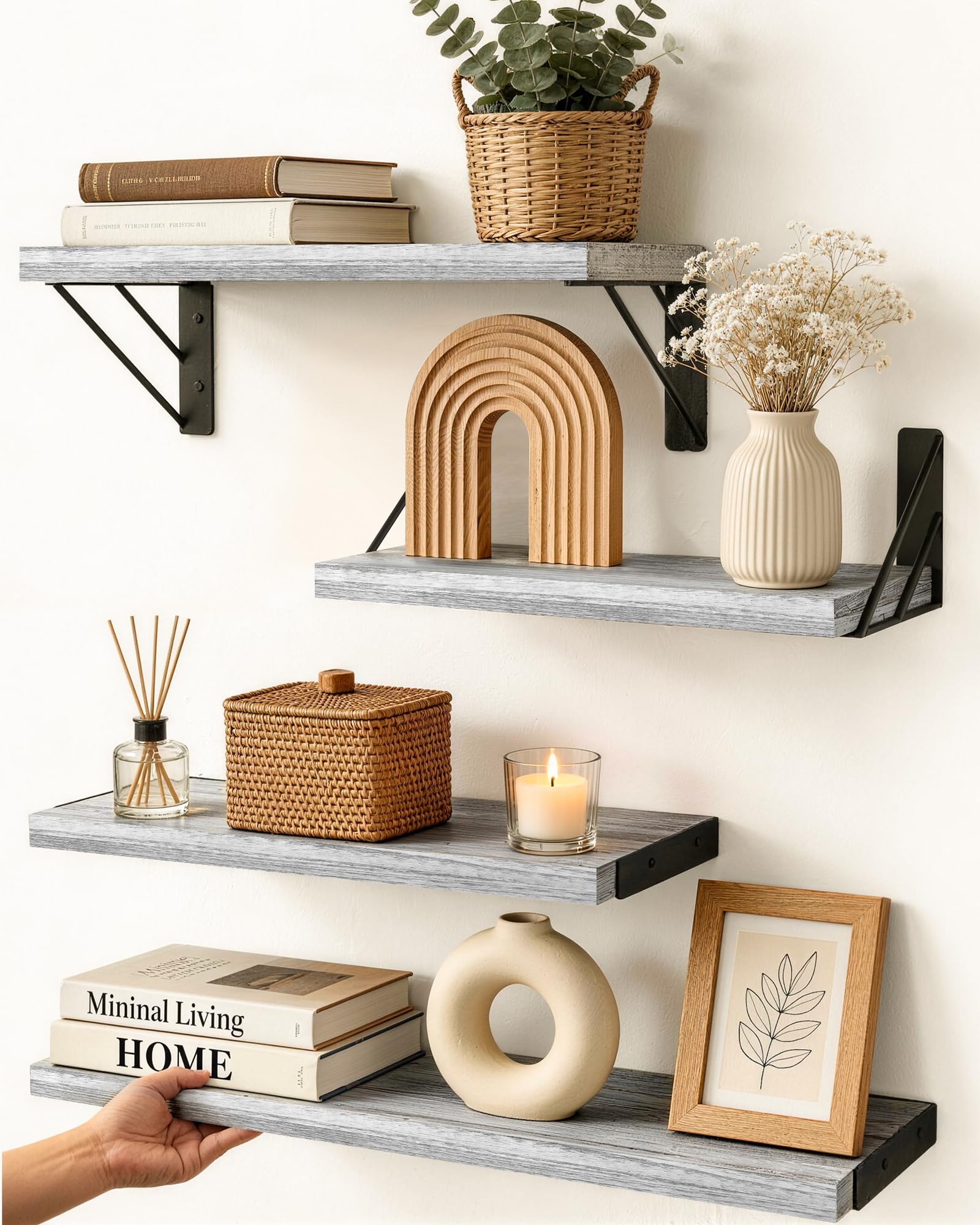 BAYKA Floating Shelves for Bedroom Decor, Wall Shelves for Storage, Wall Mounted Rustic Wood Floating Shelf for Books,Corner Shelf for Bathroom,Kitchen,Living Room(Black and Gold，Set of 4)