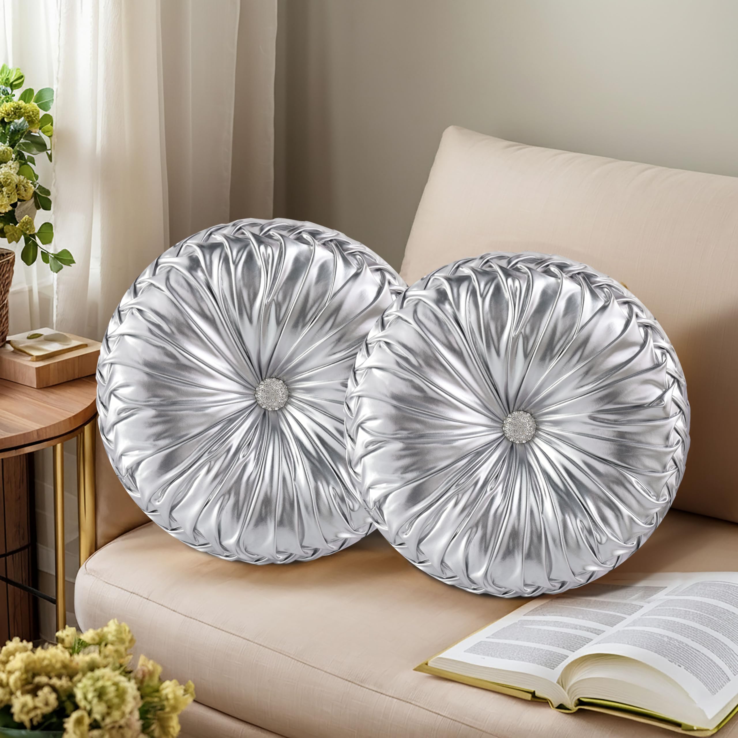 HIG Set of 2 Decorative Round Pleated Throw Pillows,Classy Accent Pumpkin Throw Pillows with Center Button,Vintage Velvet Floor Pillows for Sofa Vanity Chair Bed,Dusty Rose,14.5" Diameter(Ripple)