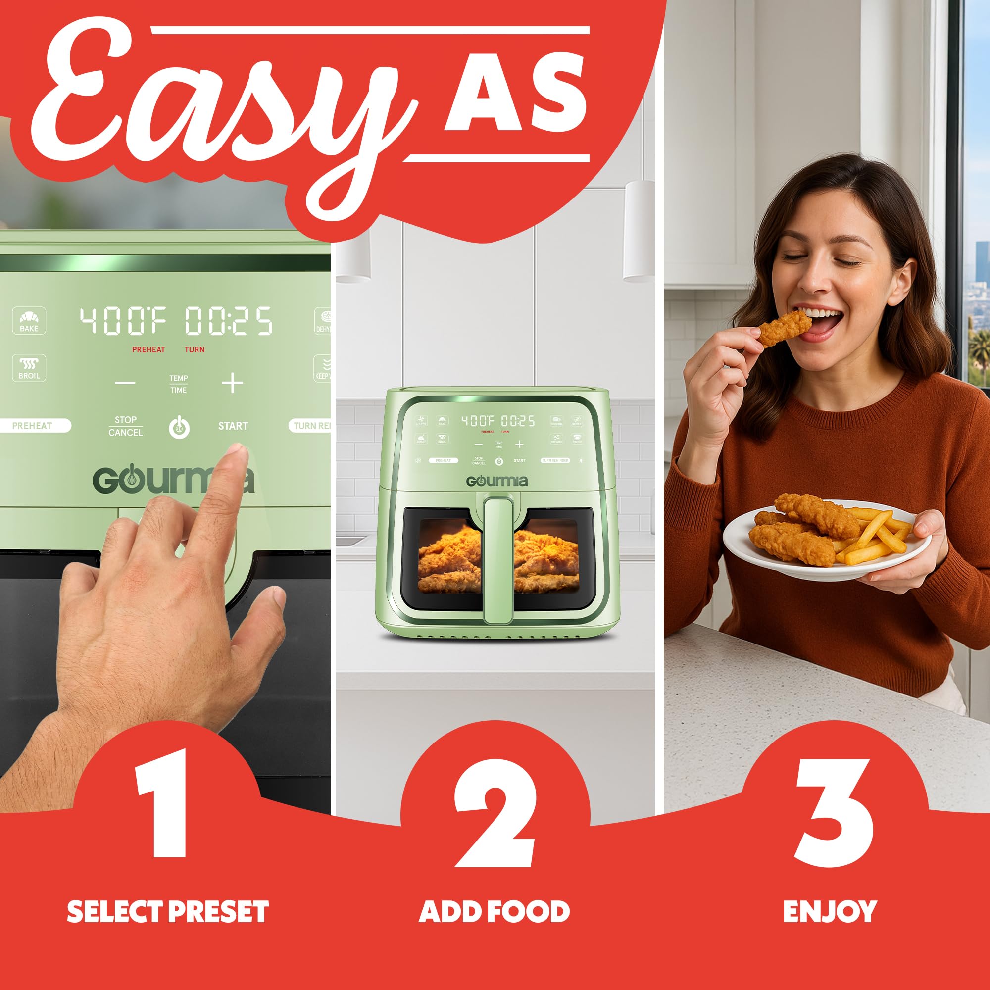 Gourmia 8 Qt Air Fryer, 8 Presets with Digital Display, FryForce 360° Technology, Easy View Window & Interior Light, Dishwasher Safe Basket, Green
