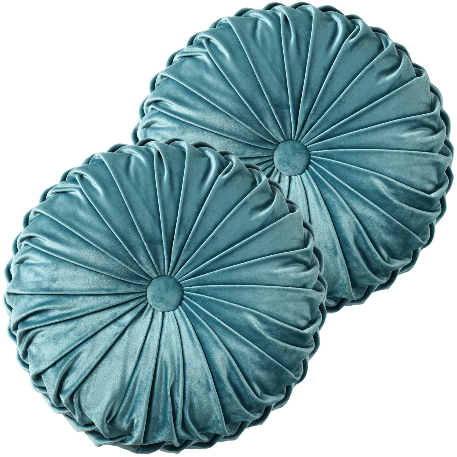 HIG Set of 2 Decorative Round Pleated Throw Pillows,Classy Accent Pumpkin Throw Pillows with Center Button,Vintage Velvet Floor Pillows for Sofa Vanity Chair Bed,Dusty Rose,14.5" Diameter(Ripple)