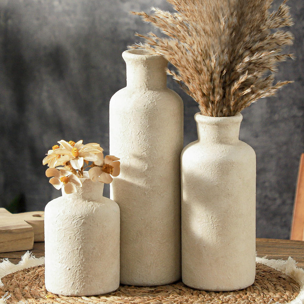 Vintage Vase Set of 3, Ceramic Vintage Flower Vases, Chinoiserie Decorative Home Decor Retro Floral Vase Rustic Farmhouse Decor for Table Bookshelf Mantel Kitchen Living Room Office - Green and Beige